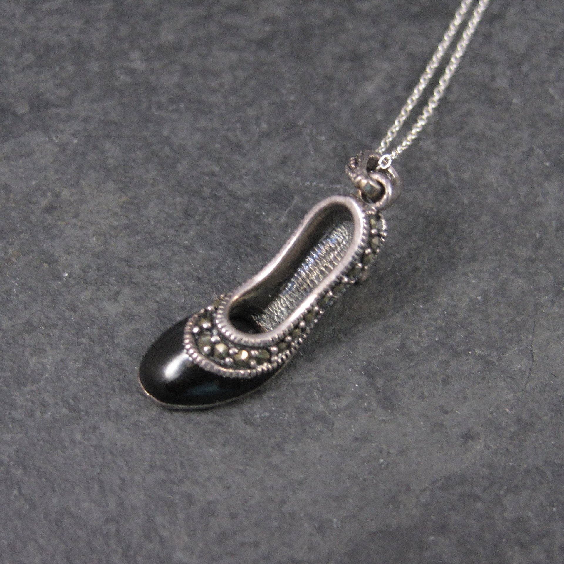 Vintage Sterling Onyx Marcasite High Heel Shoe Pendant Necklace