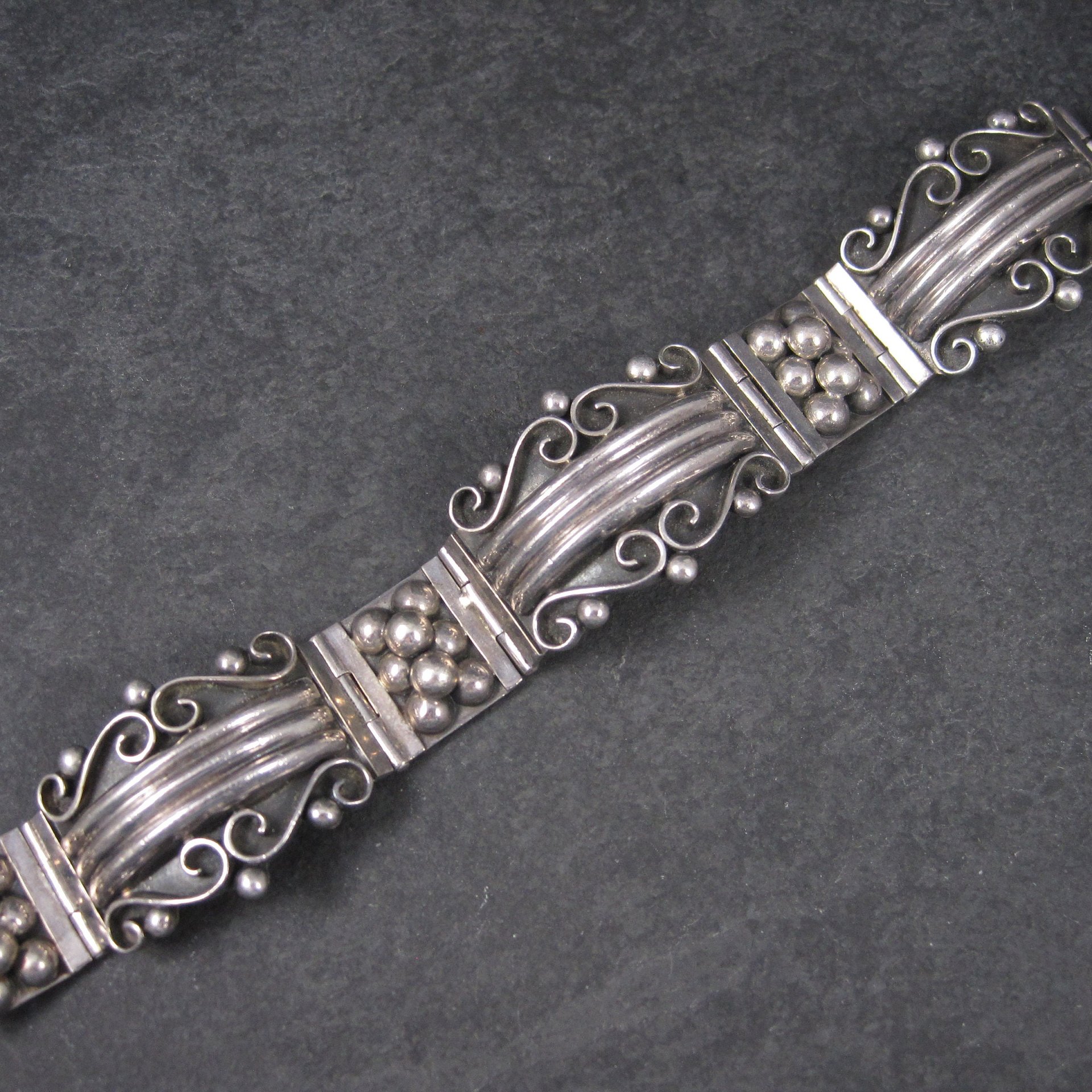 Wide Ornate Vintage Panel Bracelet Mexican Sterling 7.5 Inches