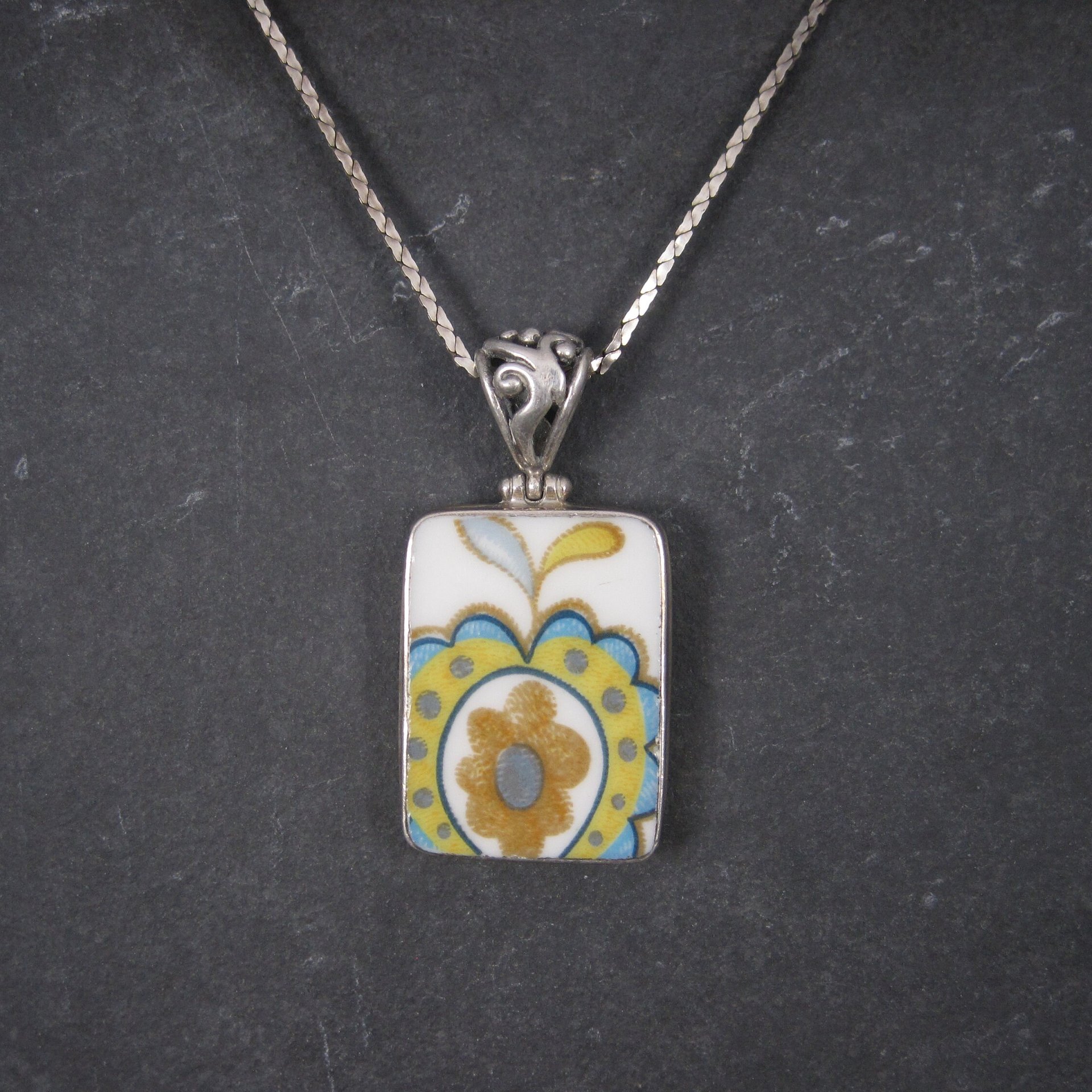 Vintage Sterling Floral Pottery Pendant Necklace