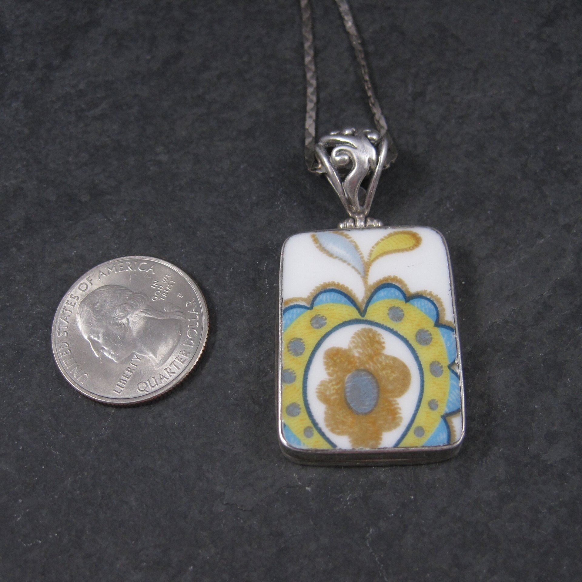 Vintage Sterling Floral Pottery Pendant Necklace