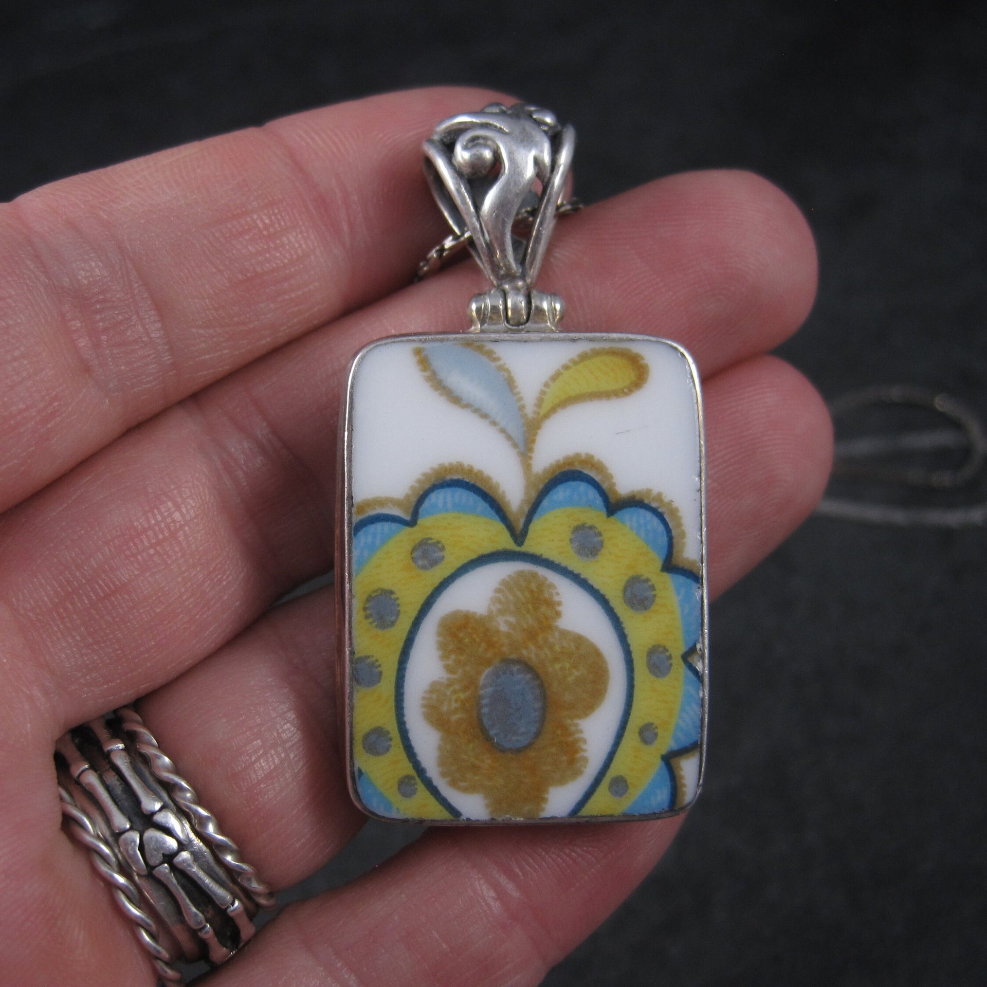 Vintage Sterling Floral Pottery Pendant Necklace