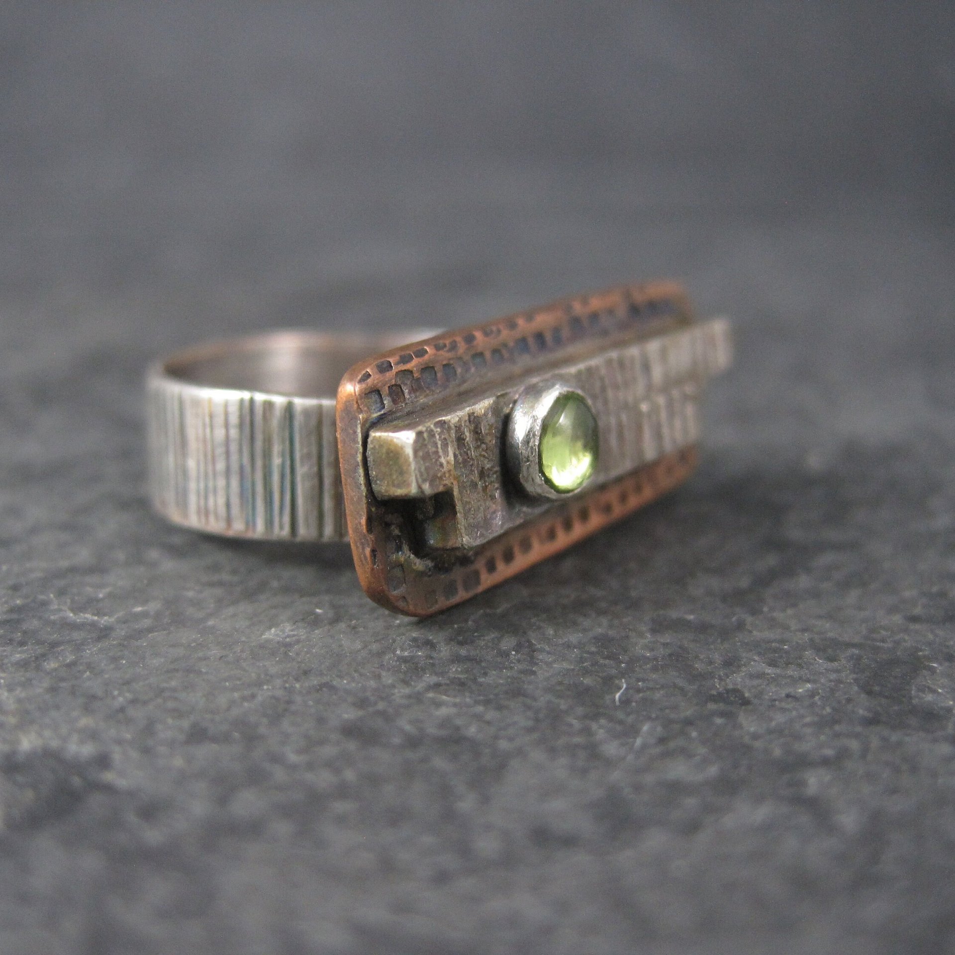 Vintage Modernist Sterling Copper Peridot Ring Size 7