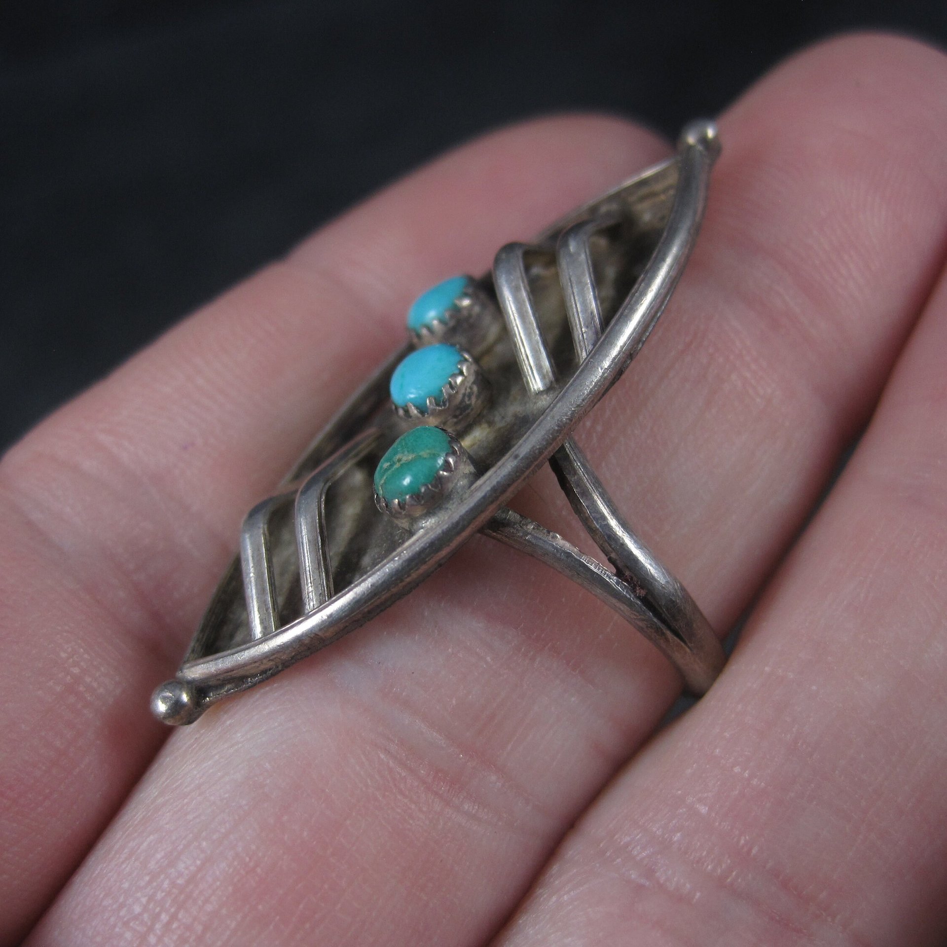 Long Vintage Navajo Sterling Turquoise Ring Size 7