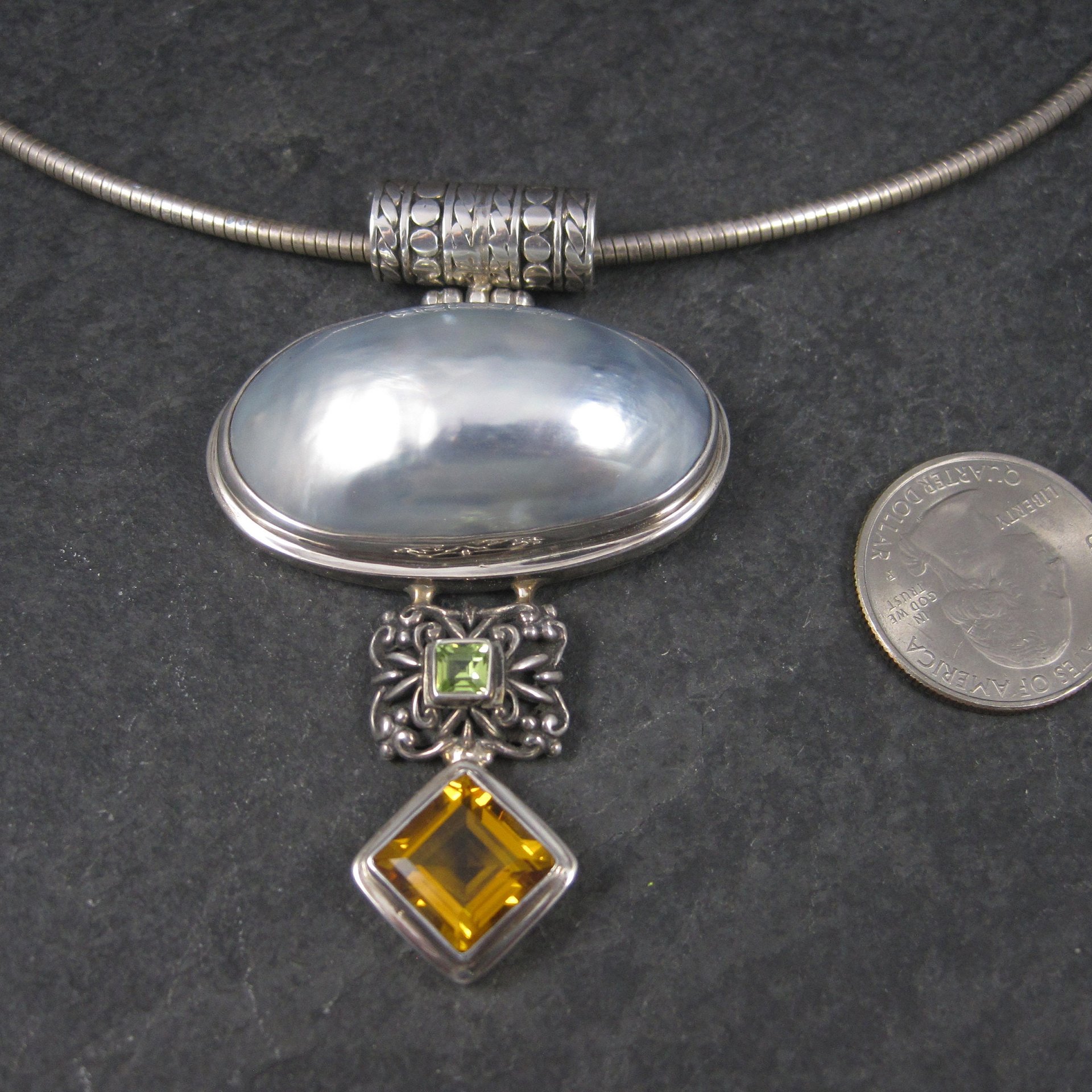 Large Vintage Sterling Peridot Topaz Mabe Pearl Pendant