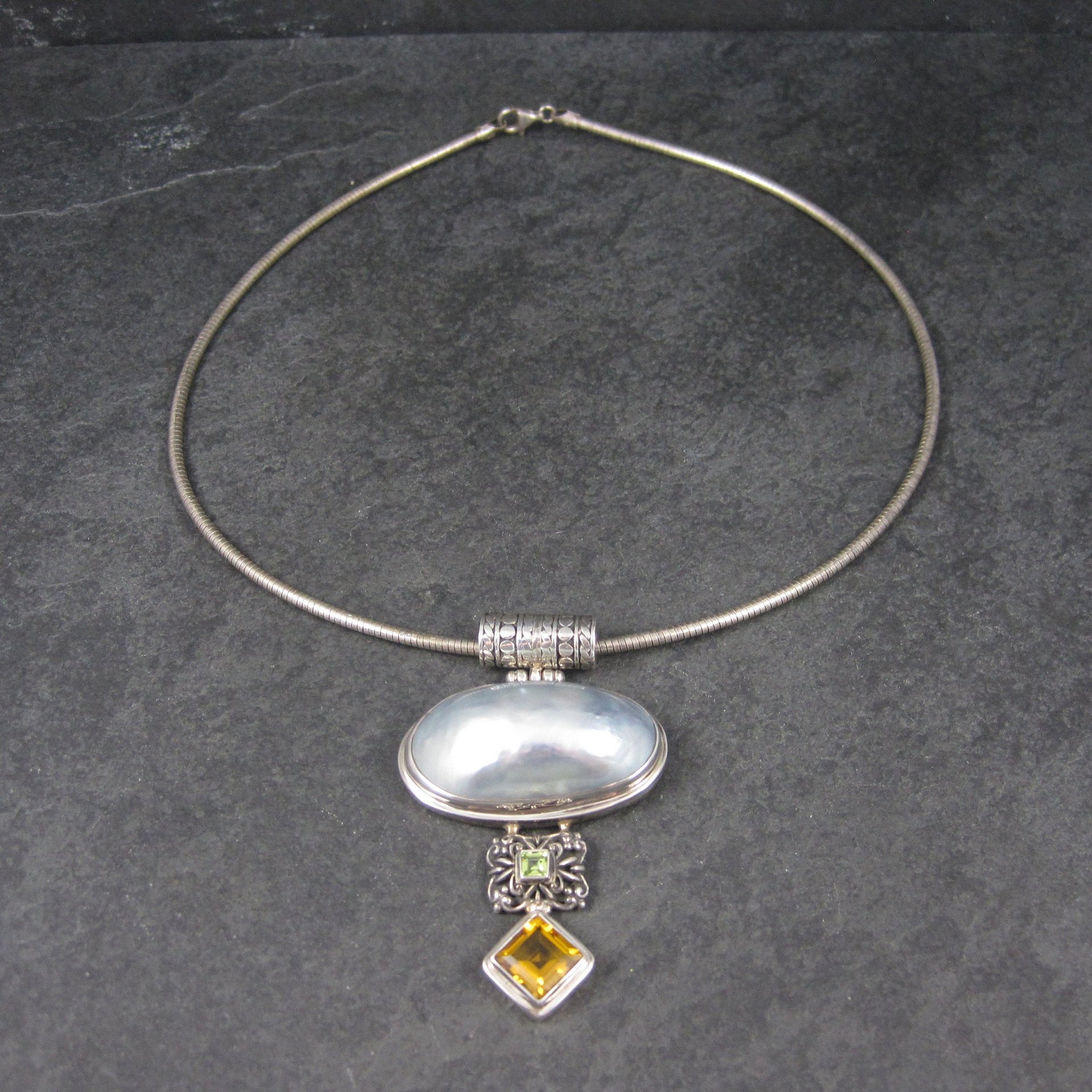 Large Vintage Sterling Peridot Topaz Mabe Pearl Pendant