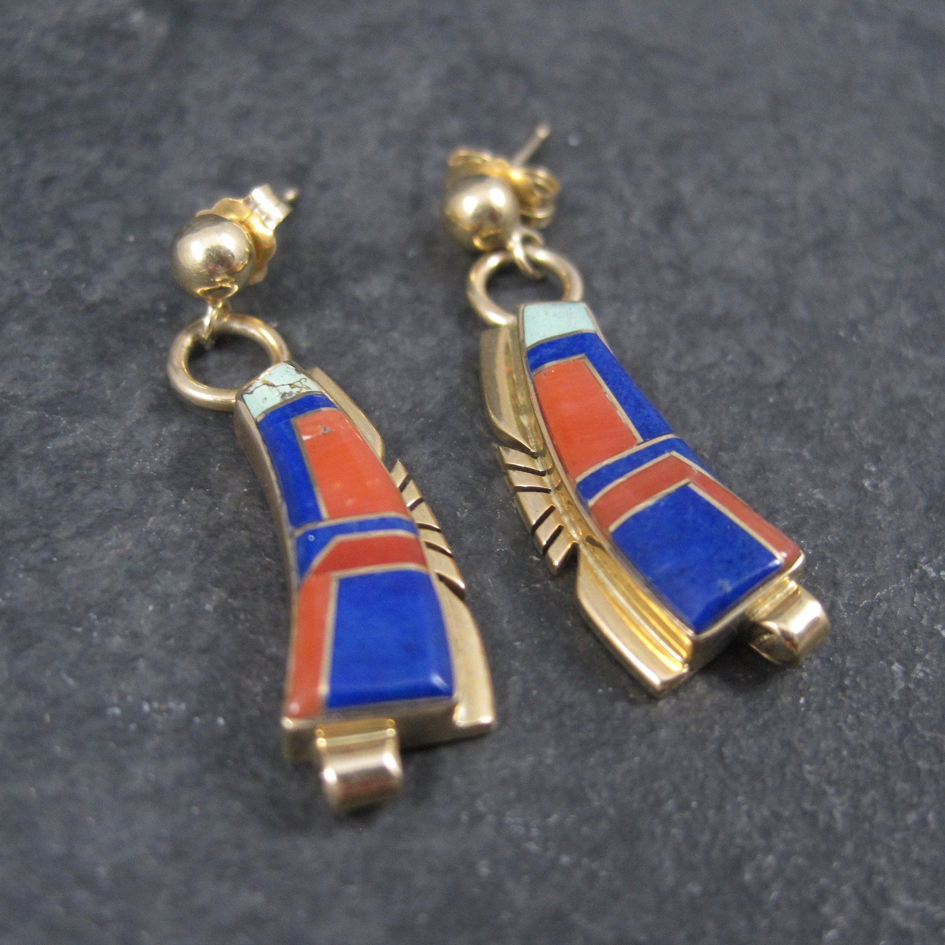 Vintage 14K Lapis Lazuli and Coral Inlay Earrings Native American Navajo