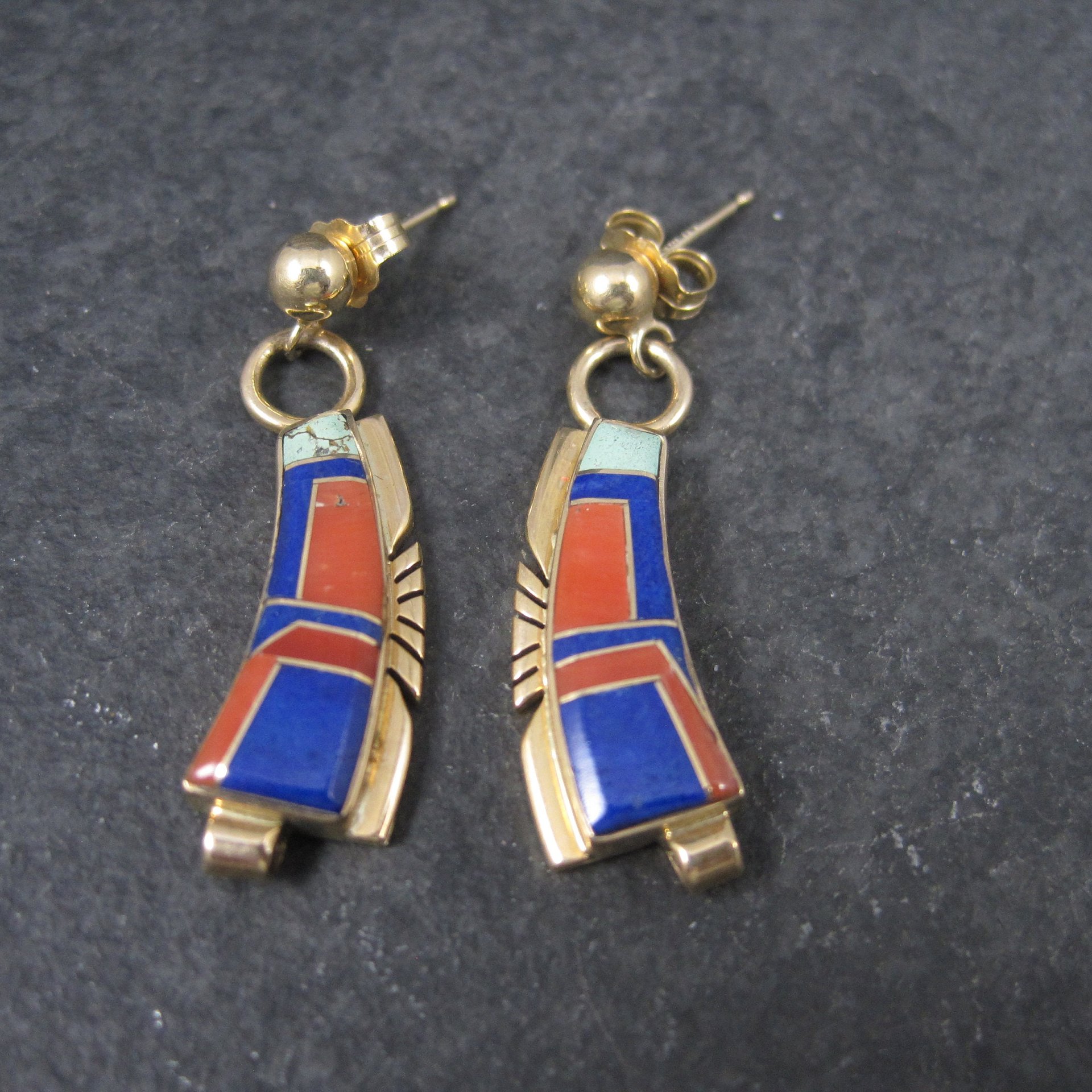 Vintage 14K Lapis Lazuli and Coral Inlay Earrings Native American Navajo