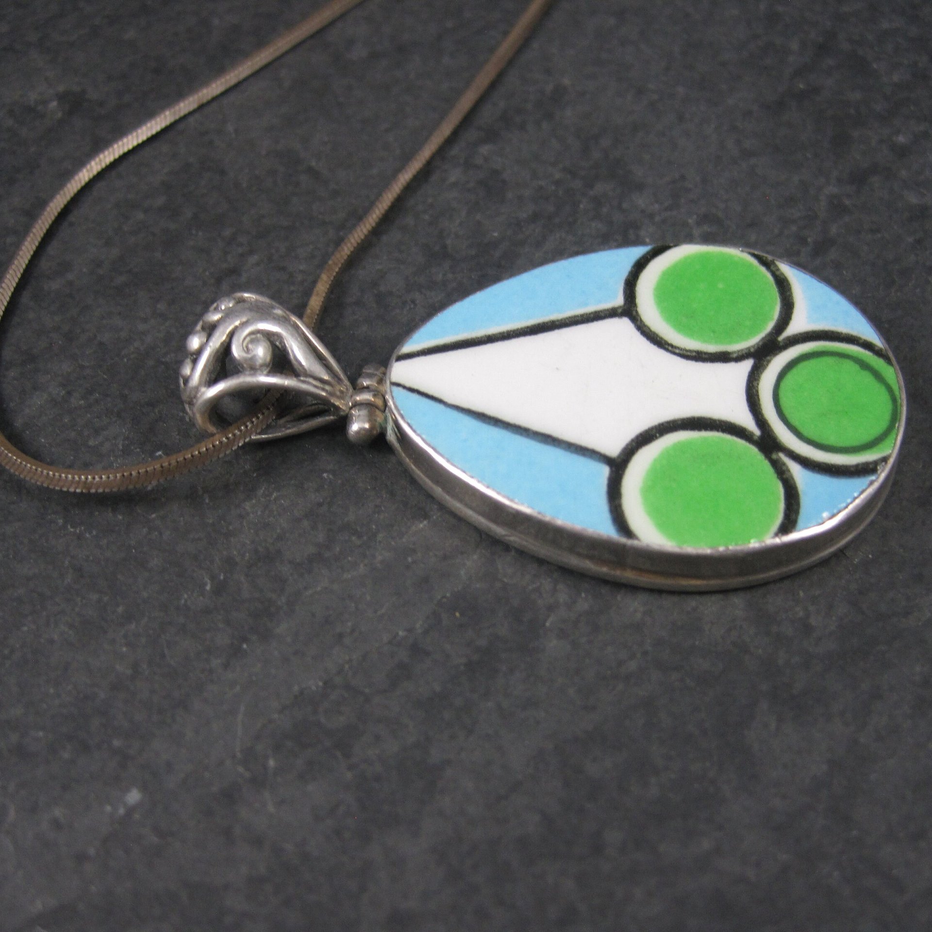 Vintage Sterling Blue Green Geometric Pottery Pendant Necklace