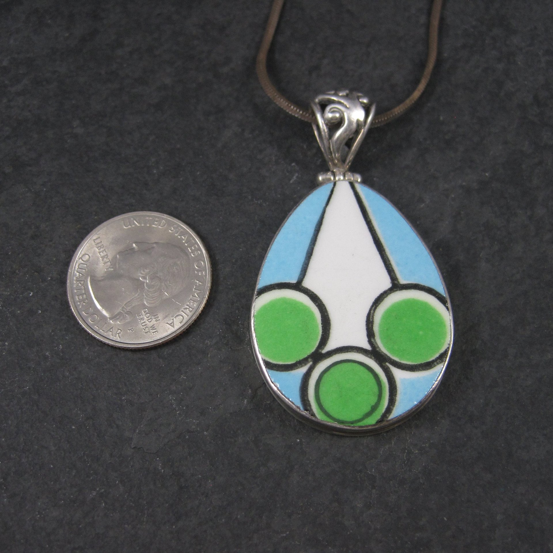 Vintage Sterling Blue Green Geometric Pottery Pendant Necklace