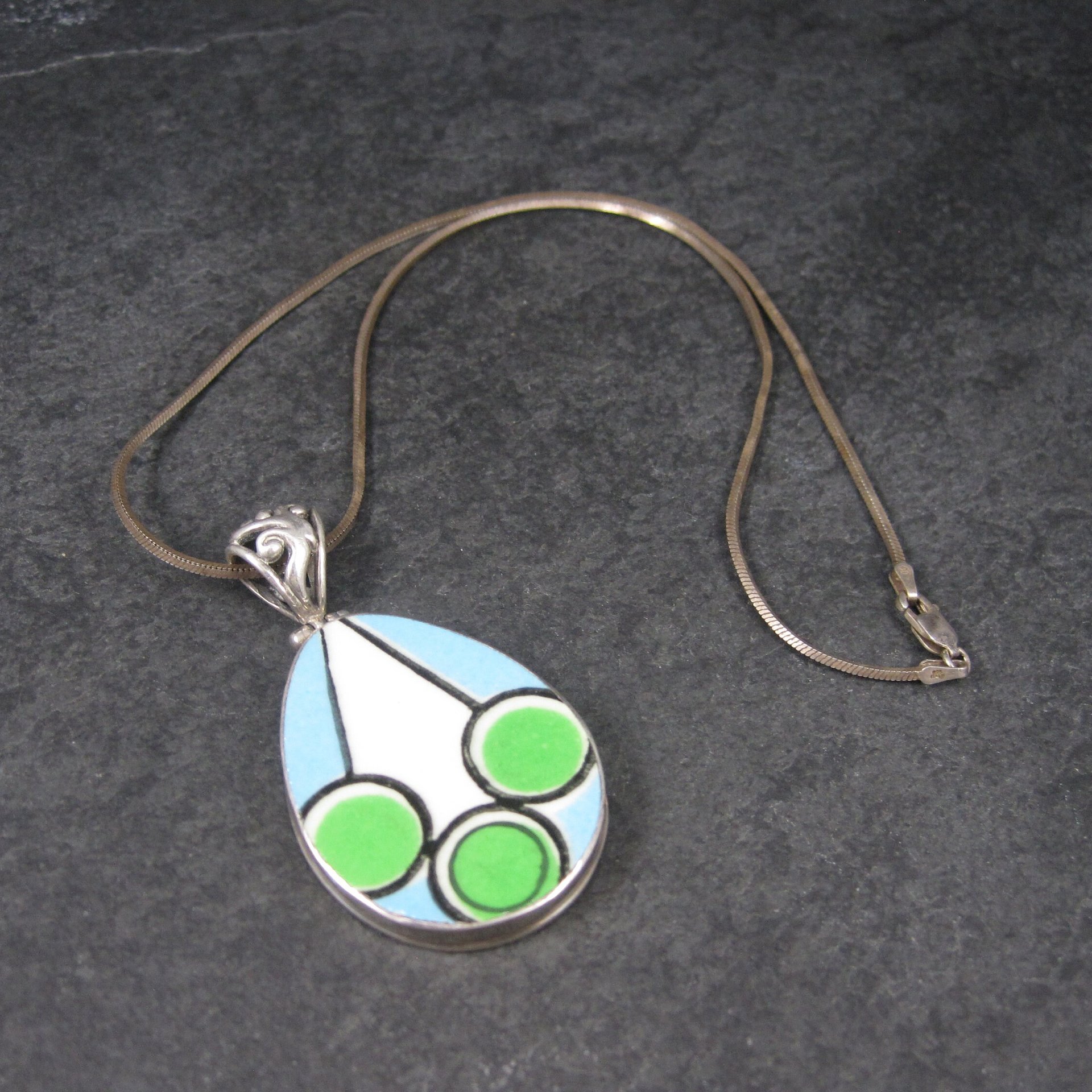 Vintage Sterling Blue Green Geometric Pottery Pendant Necklace