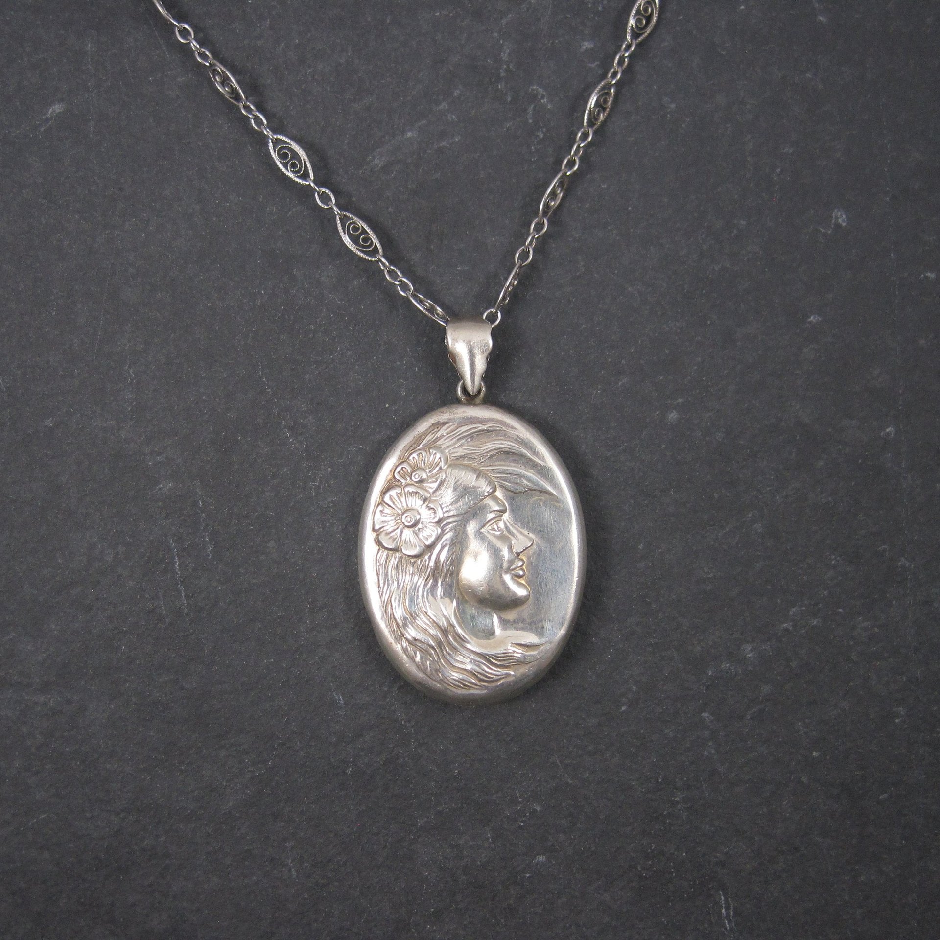 Vintage Sterling Art Nouveau Lady Pendant Filigree Necklace