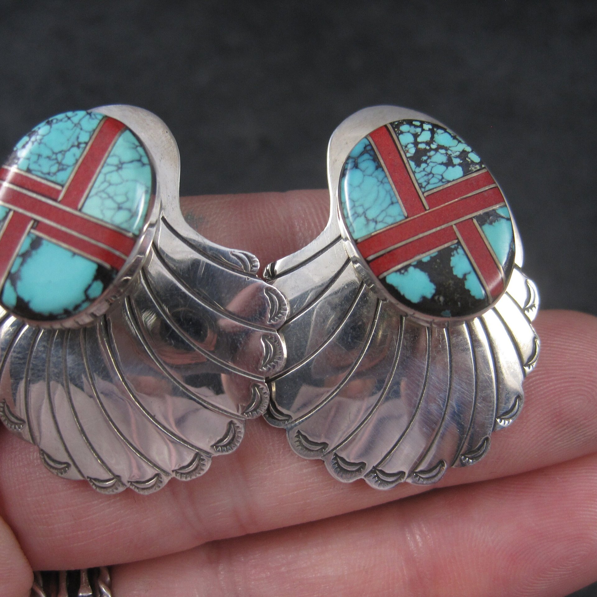 Large Vintage Sterling Navajo Turquoise Coral Inlay Earrings