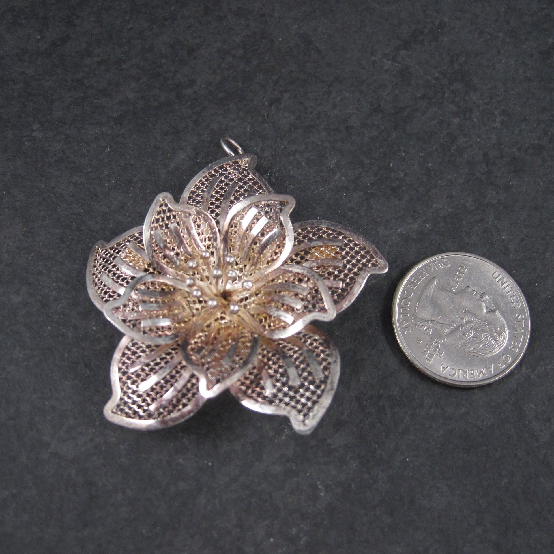 Vintage Flower Brooch Pendant Figural Filigree Sterling