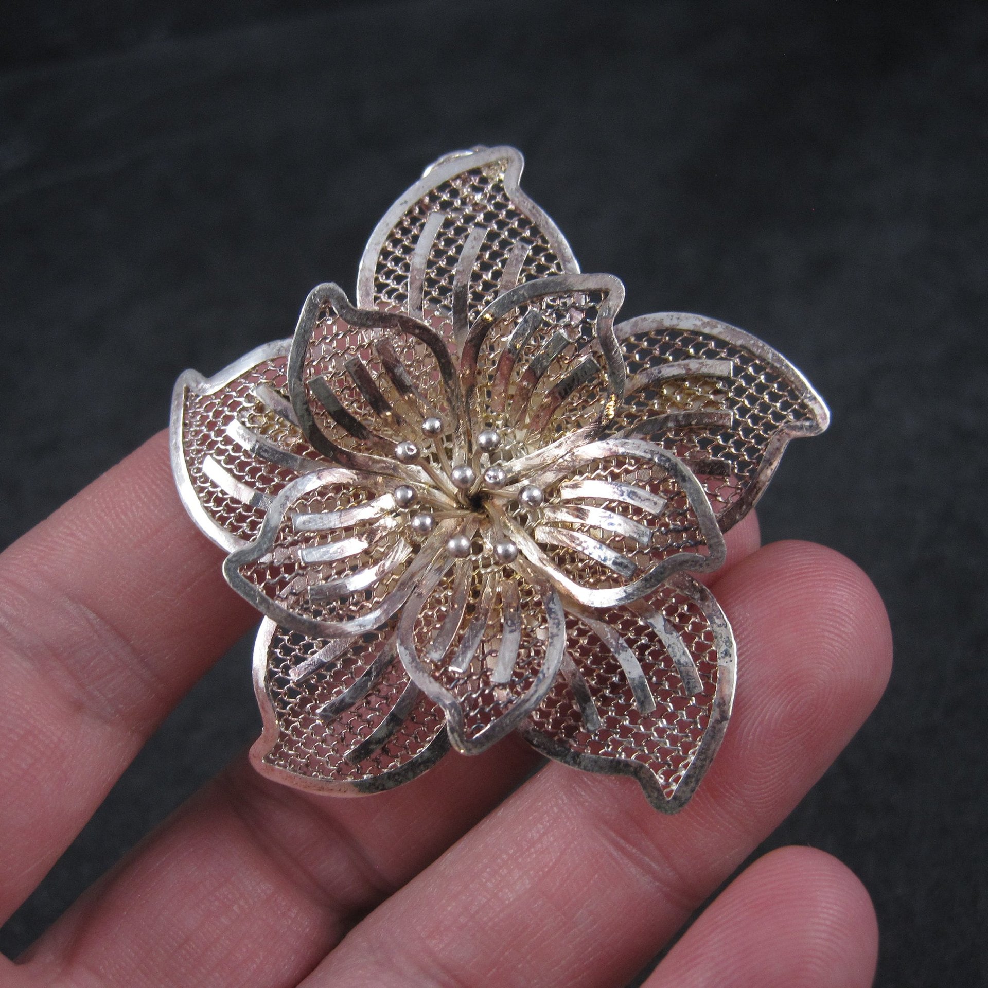 Vintage Flower Brooch Pendant Figural Filigree Sterling