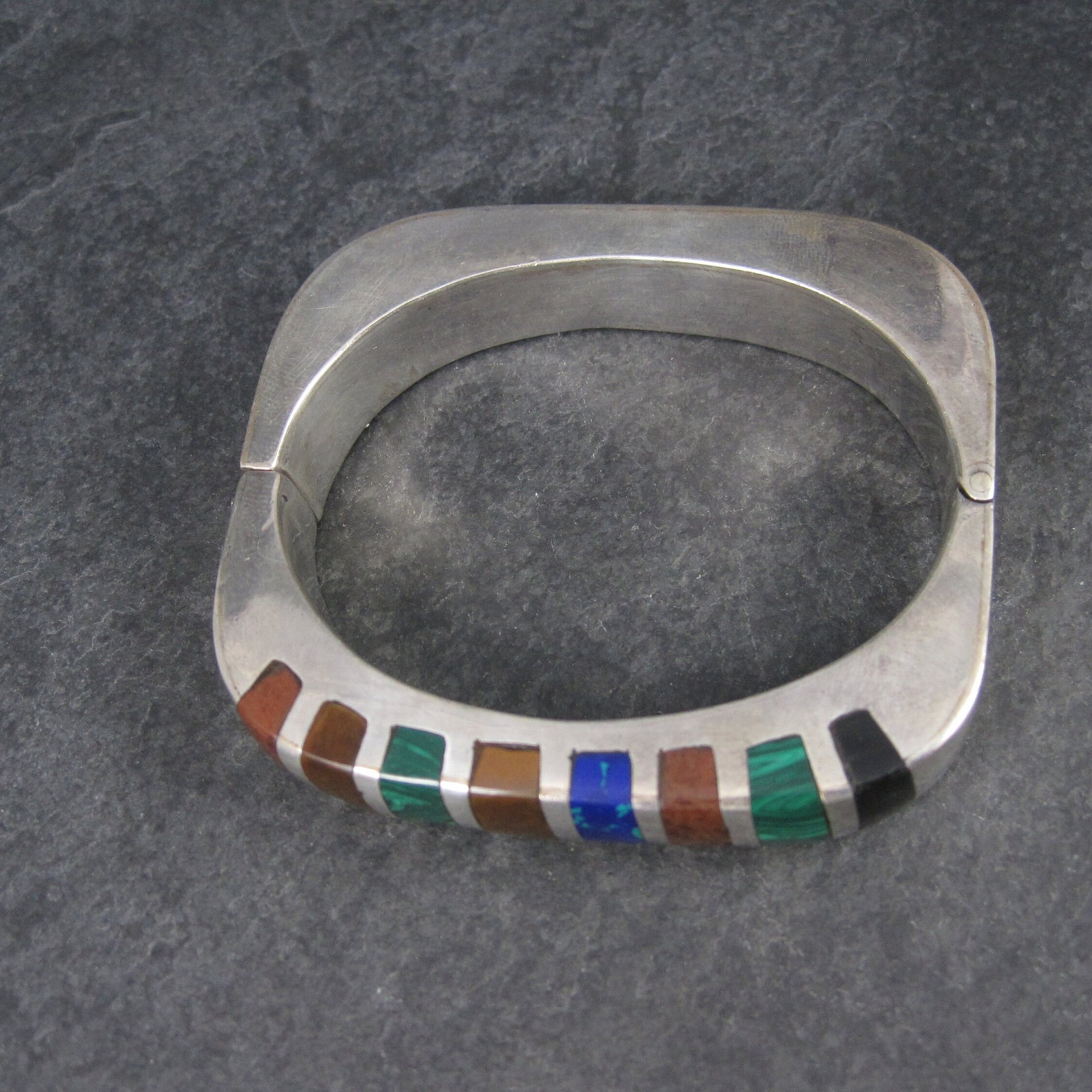 Heavy Mexican Sterling Inlaid Bangle Bracelet