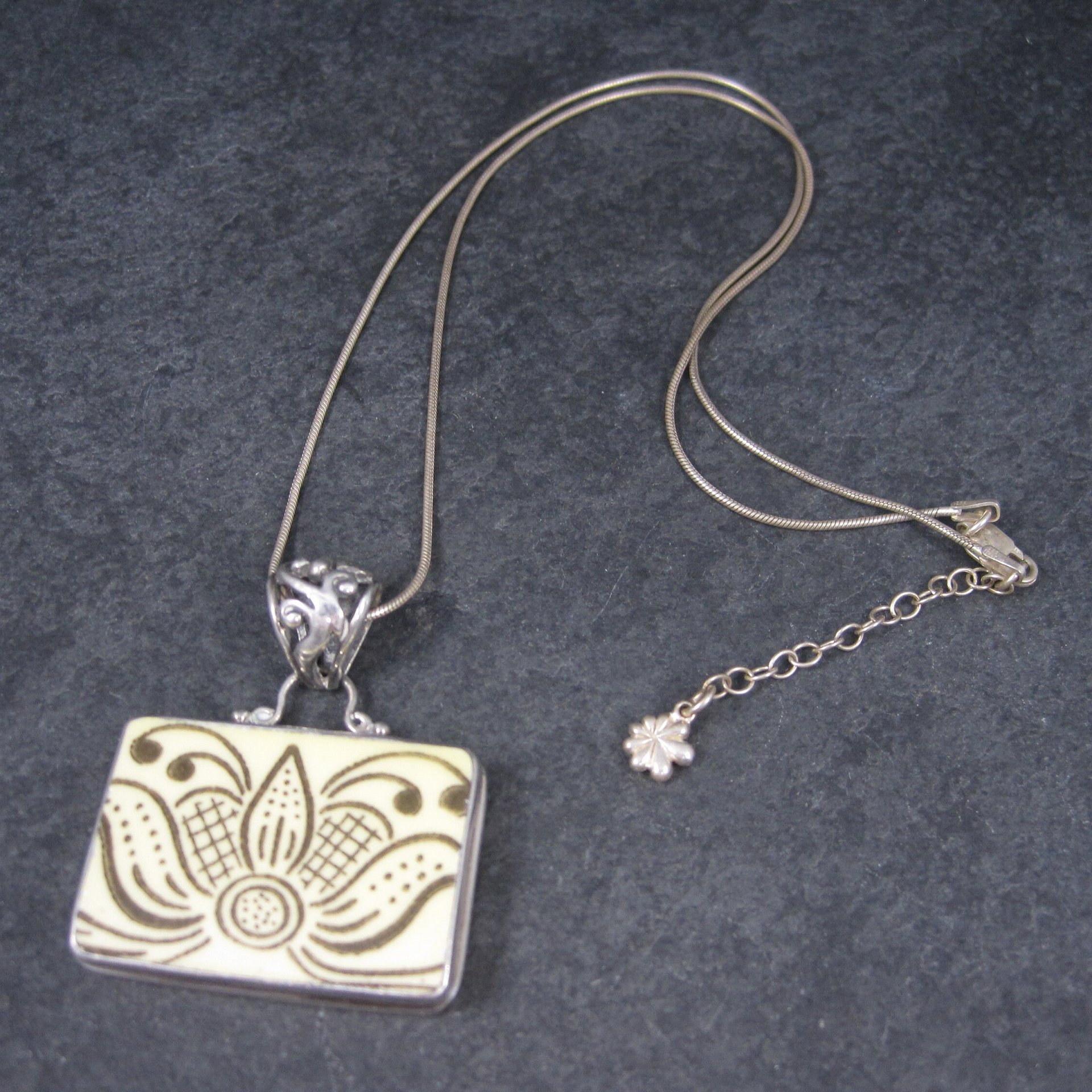 Vintage Sterling Floral Pottery Pendant Necklace