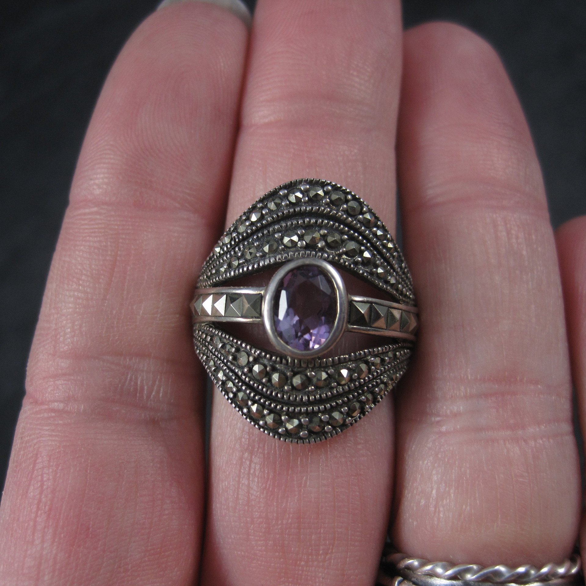 Vintage Sterling Amethyst Marcasite Ring Sz 7