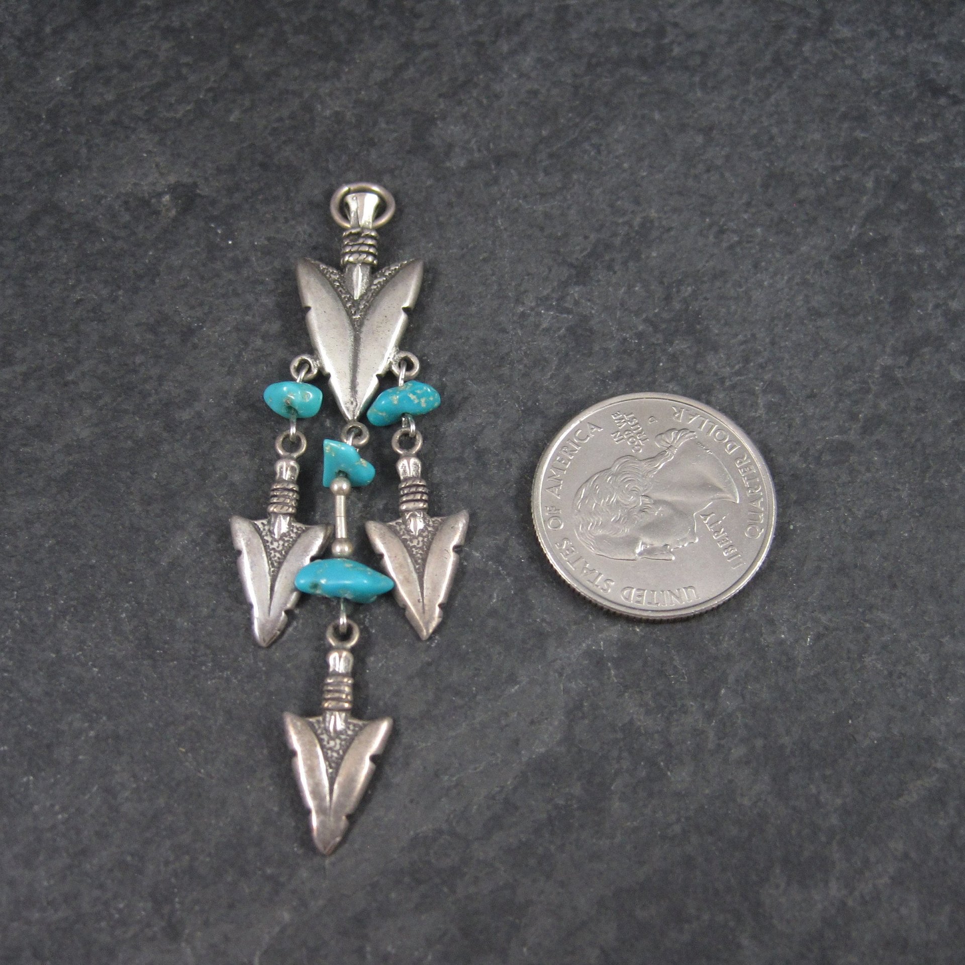 Long Vintage Sterling Turquoise Arrowhead Pendant