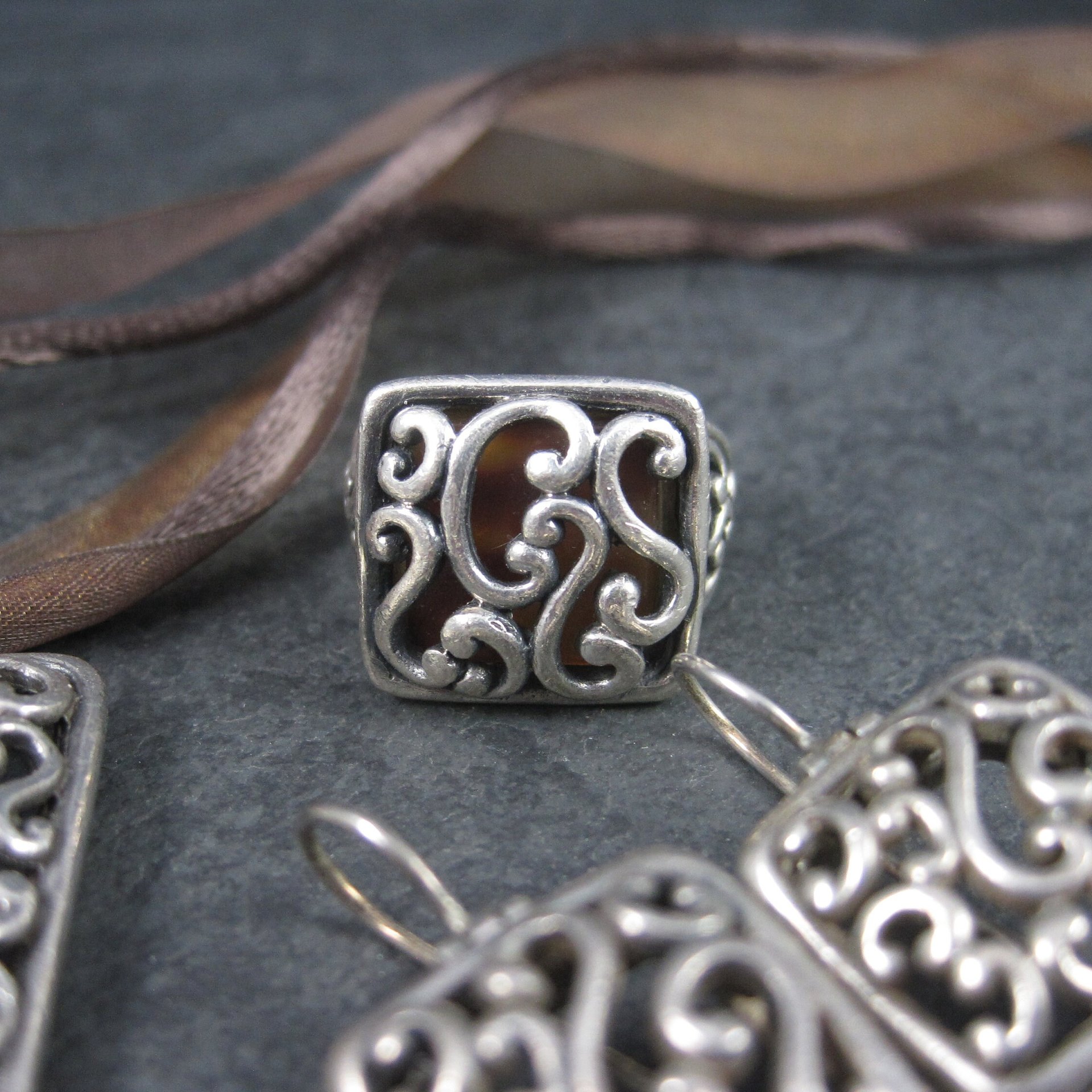 Vintage 90s Filigree Jewelry Set Sterling Necklace Earrings Ring Size 7