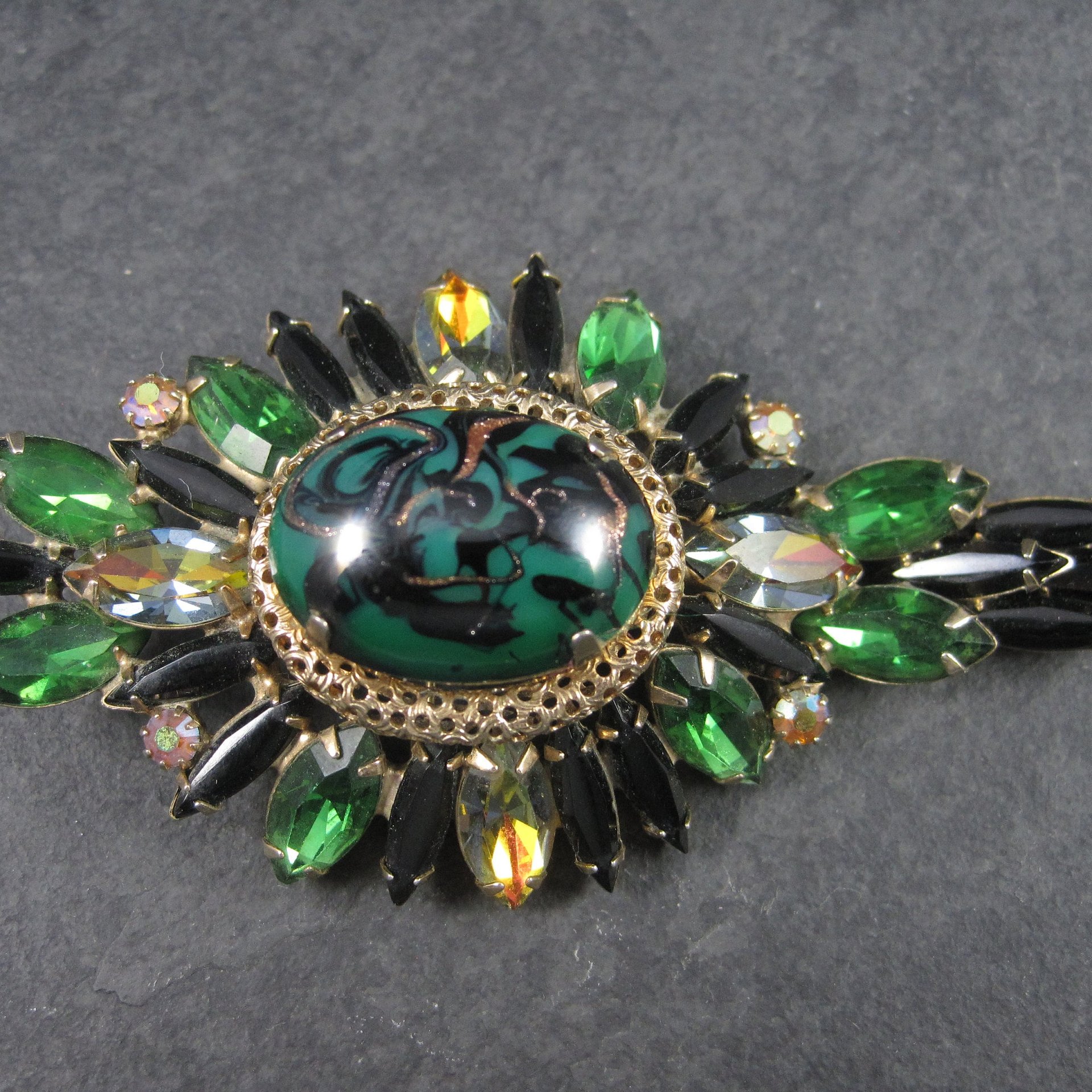 Large Vintage Juliana Green Black Rhinestone Brooch Delizza Elster