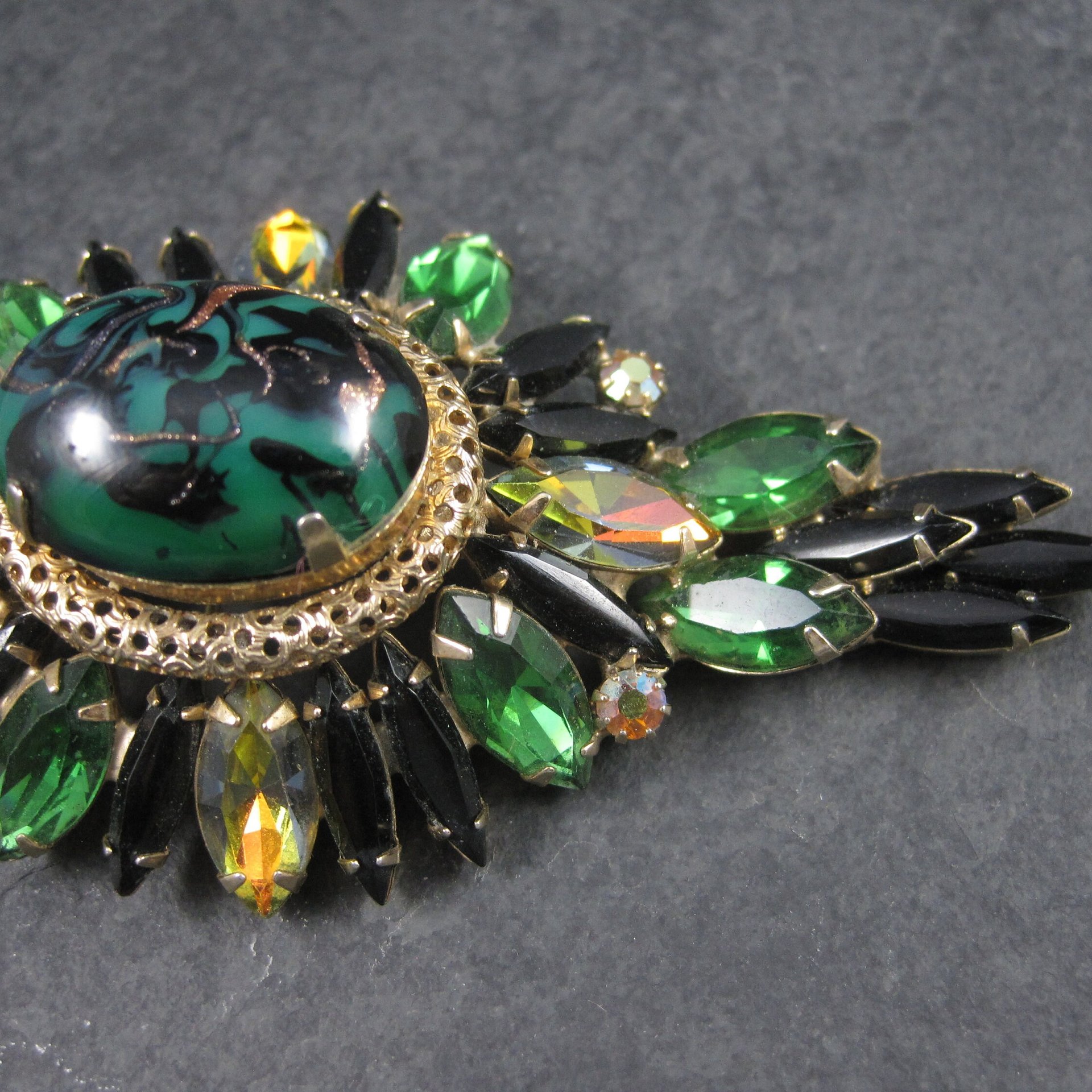 Large Vintage Juliana Green Black Rhinestone Brooch Delizza Elster