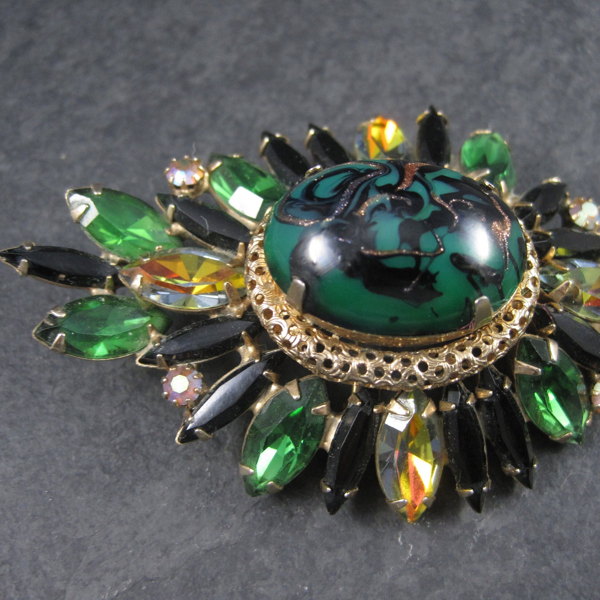 Large Vintage Juliana Green Black Rhinestone Brooch Delizza Elster