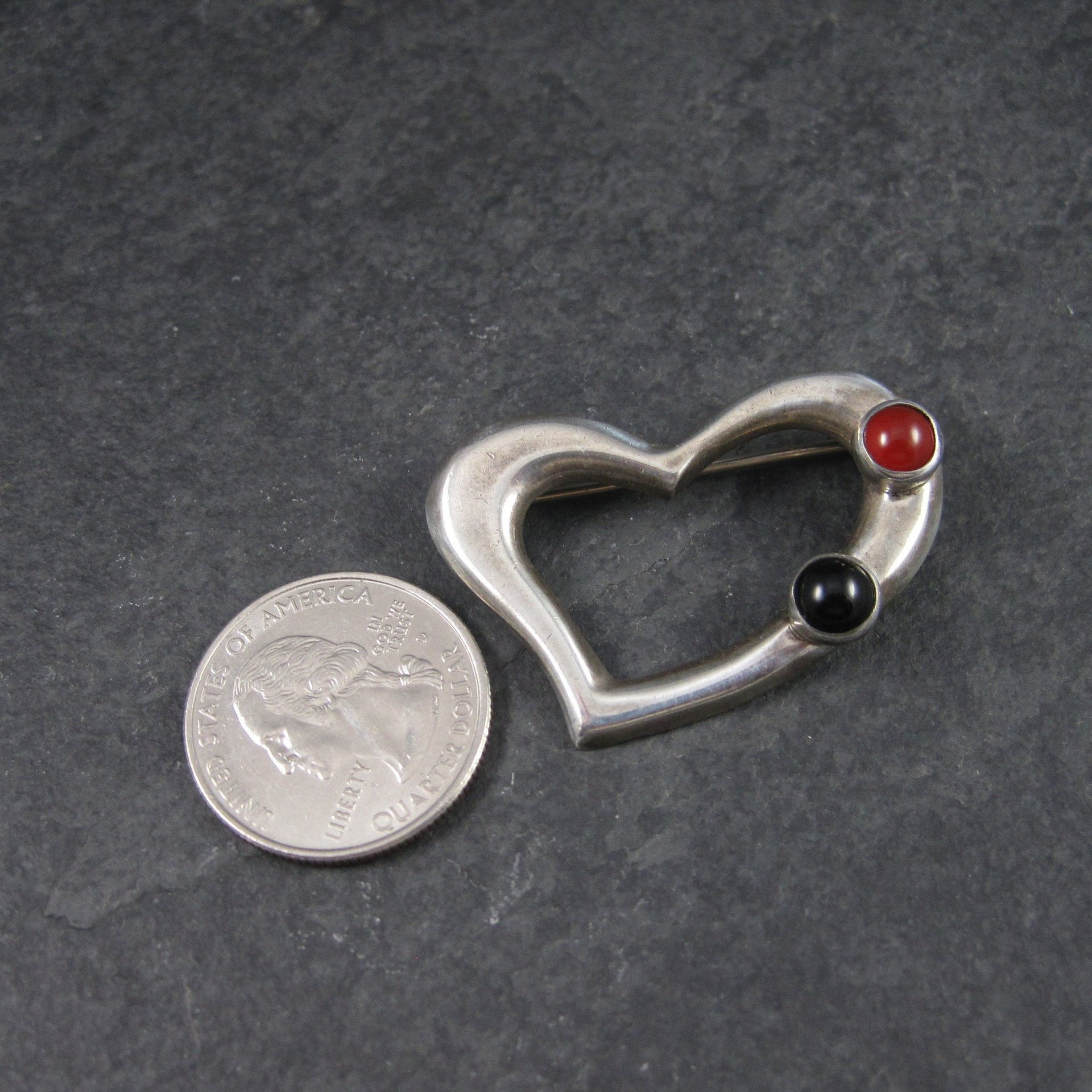 Vintage Sterling Carnelian Onyx Heart Brooch