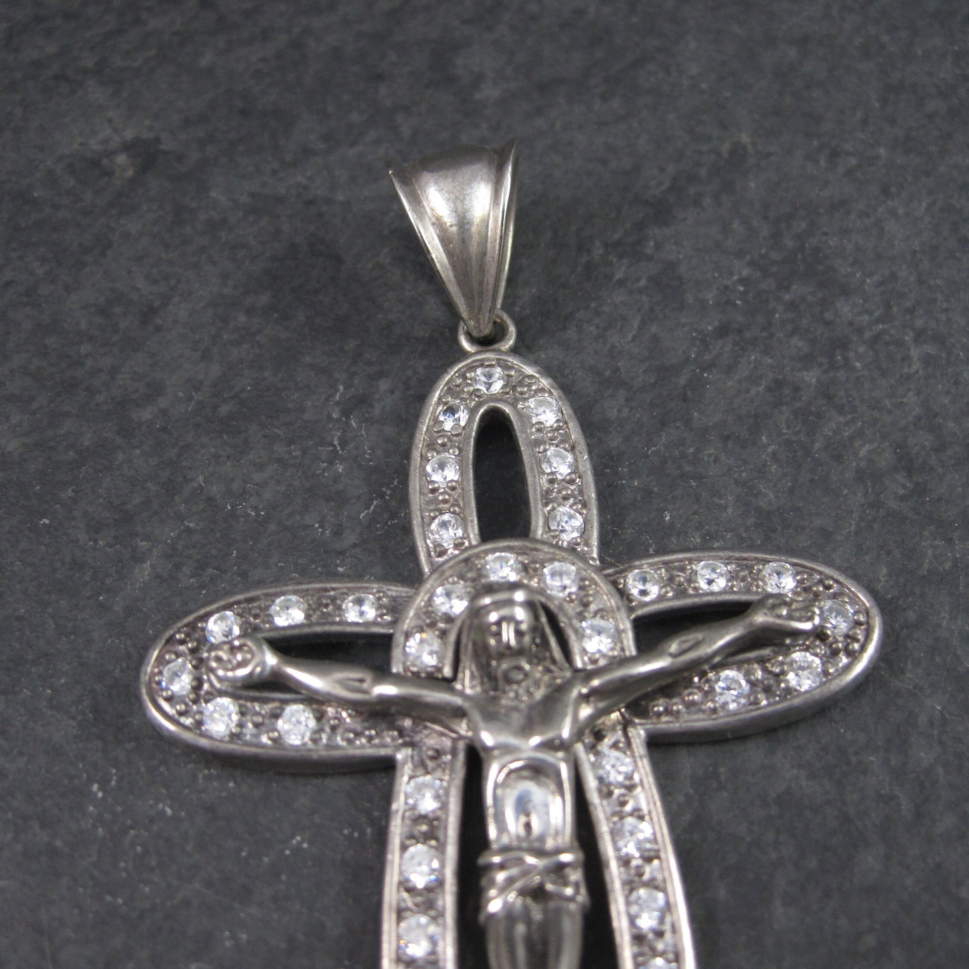 Huge Sterling Crucifix Cross Pendant Cubic Zirconia Vintage