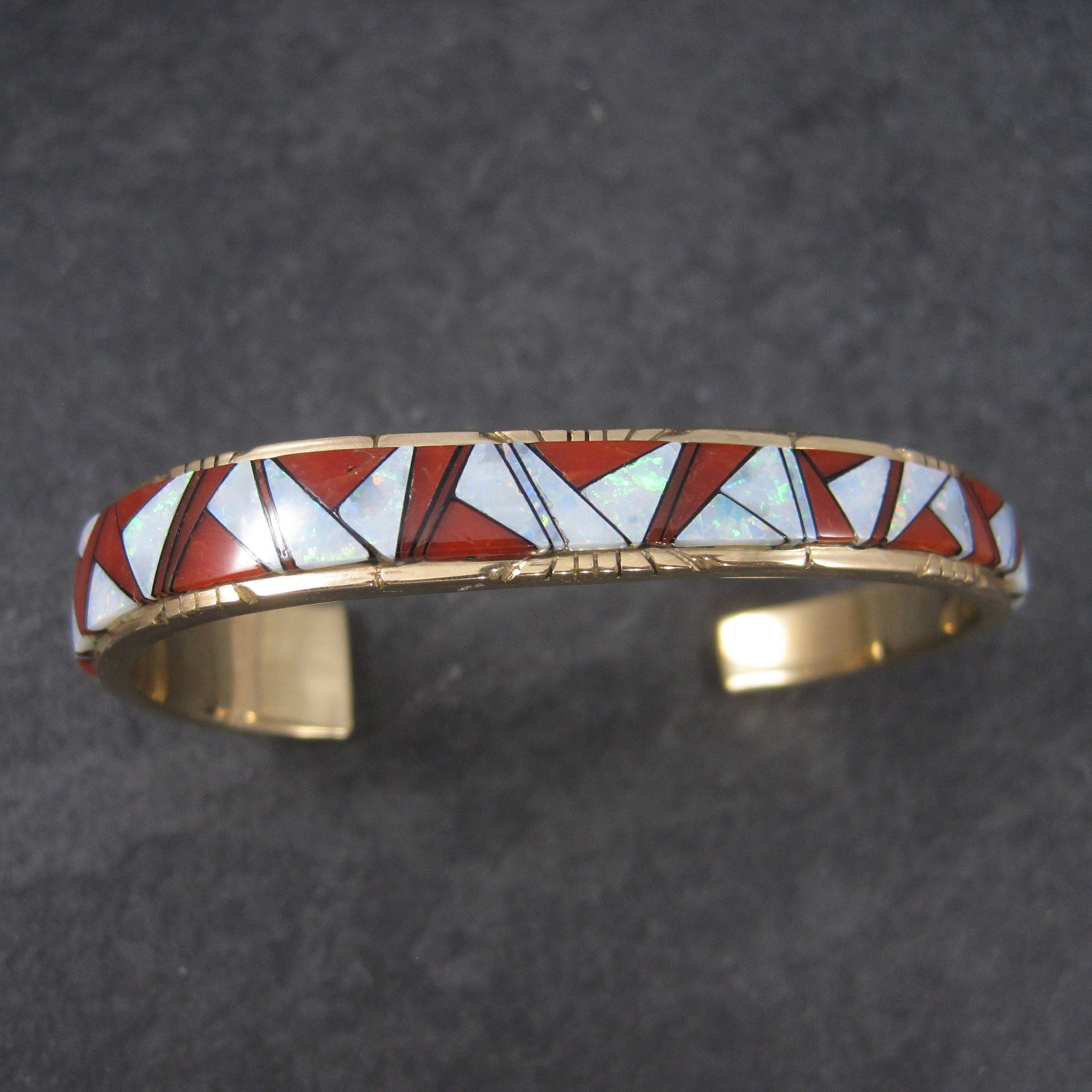 Vintage 14K Coral Opal Inlay Cuff Bracelet 5.75 Inches