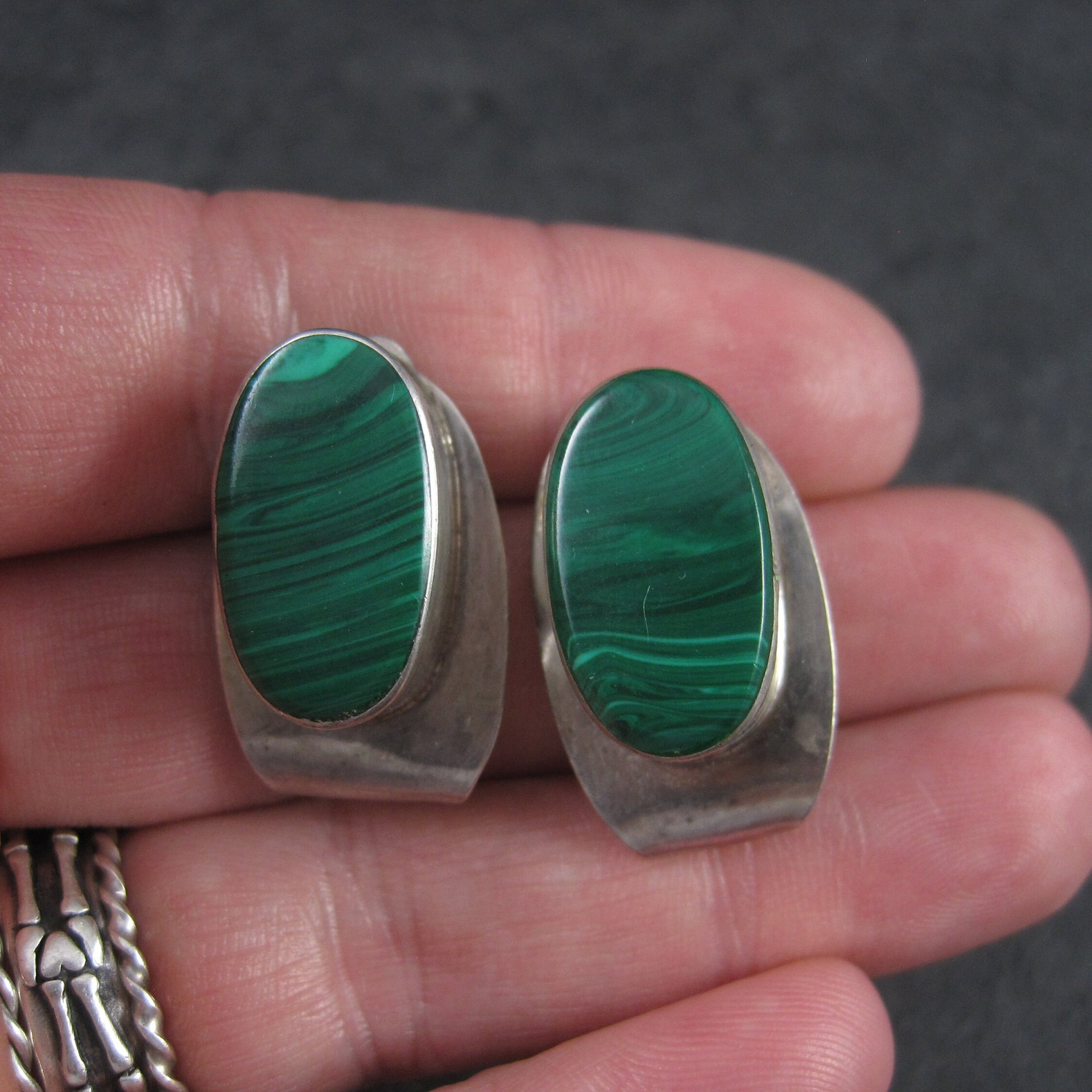 Vintage Mexican Sterling Malachite Clip On Earrings