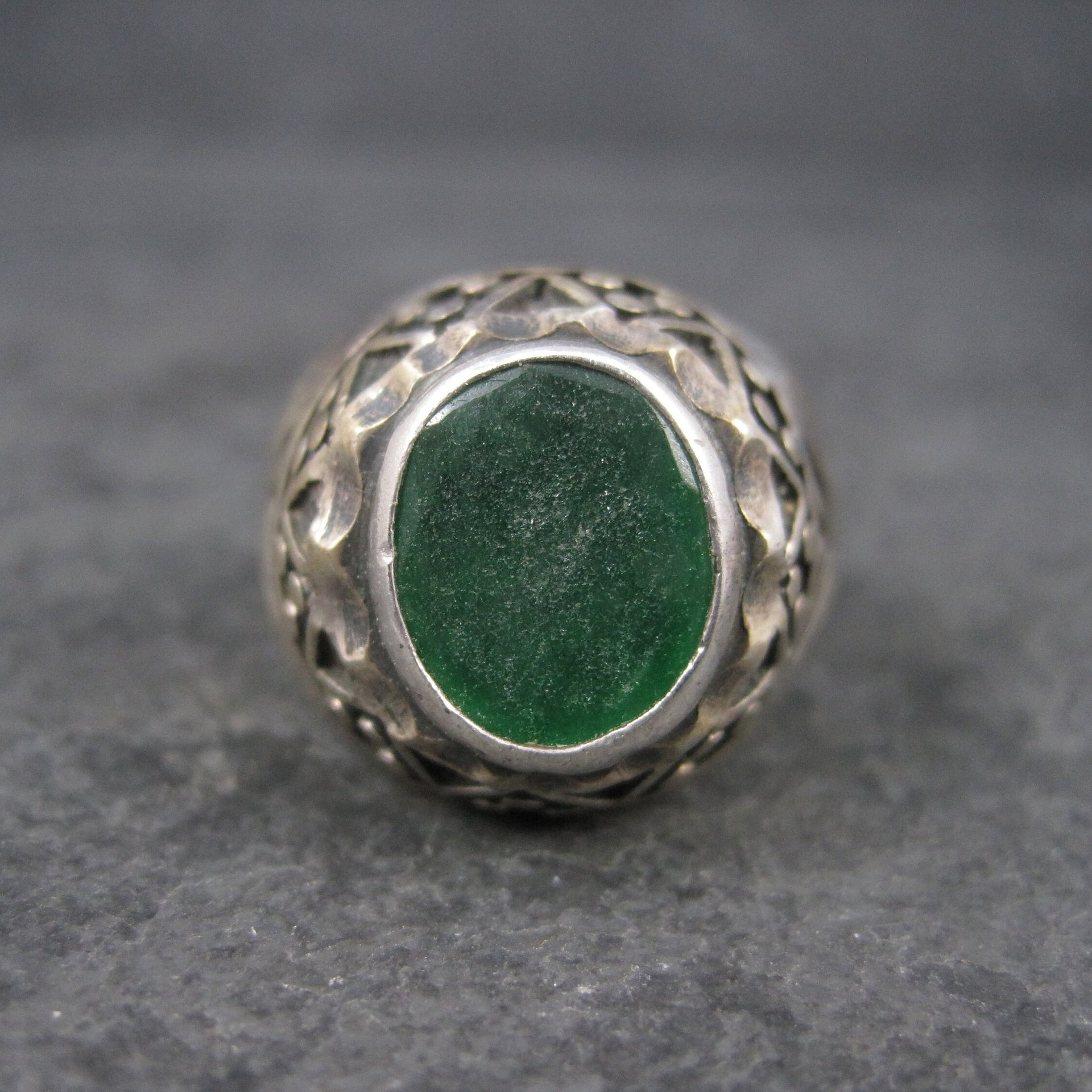 Mens Vintage Sterling Green Roman Glass Ring Size 11