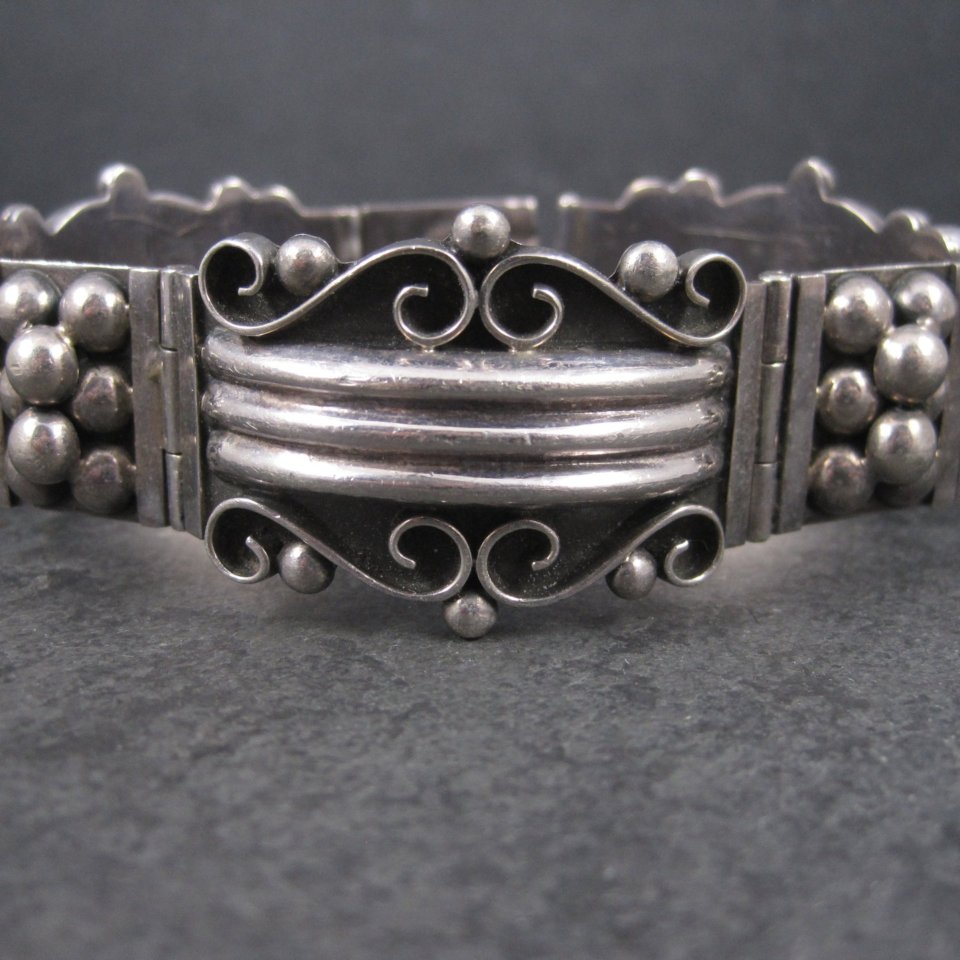 Wide Ornate Vintage Panel Bracelet Mexican Sterling 7.5 Inches