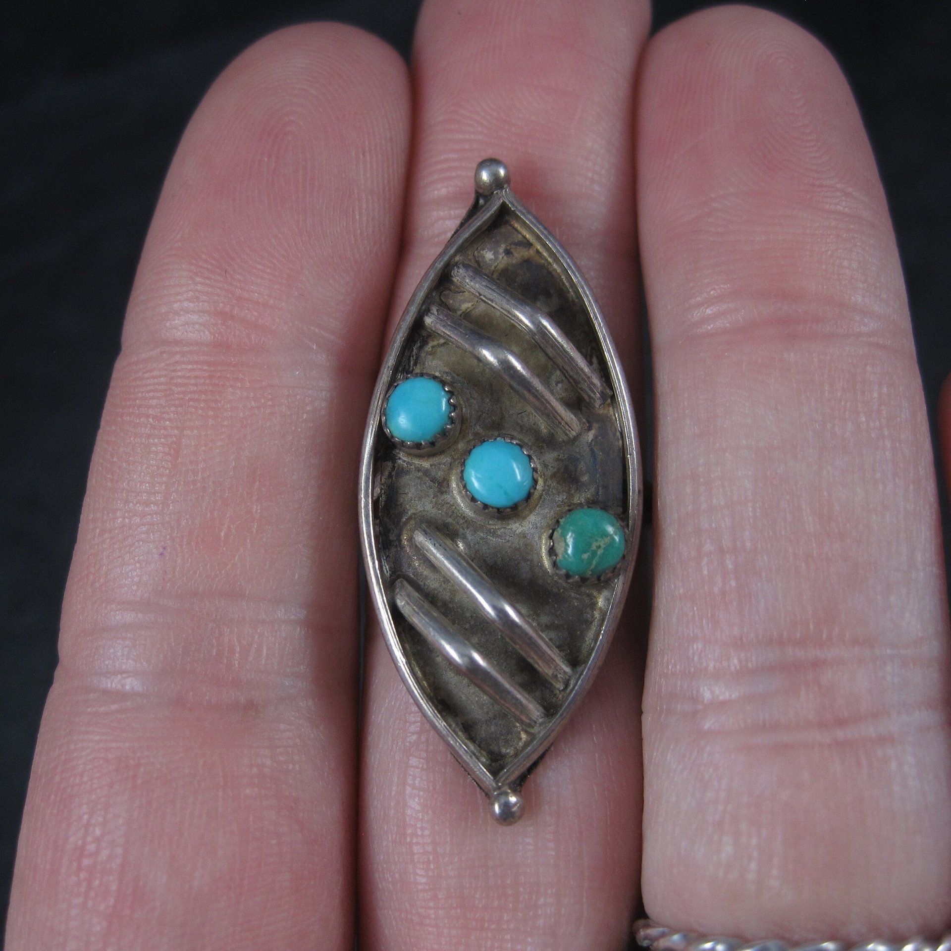 Long Vintage Navajo Sterling Turquoise Ring Size 7