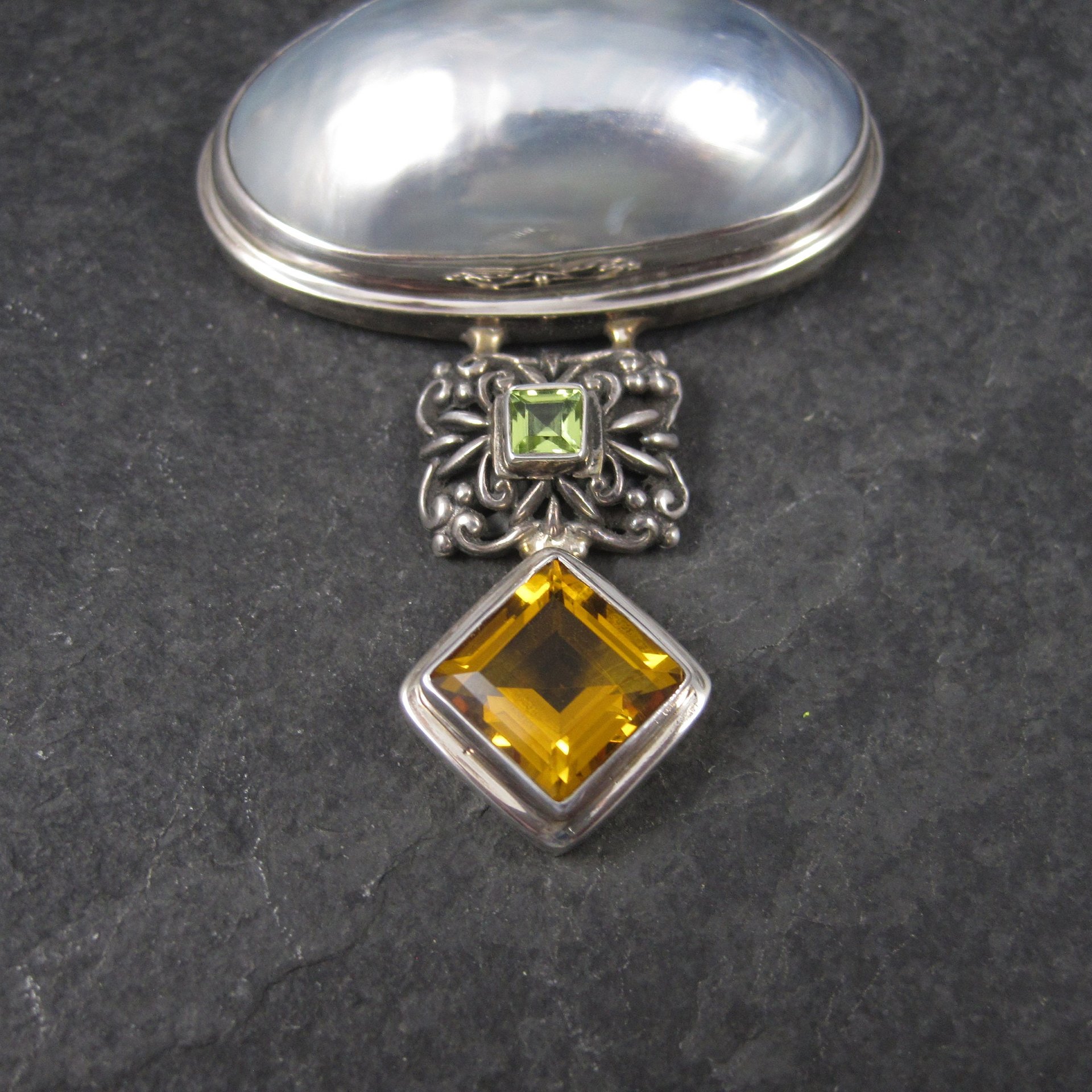 Large Vintage Sterling Peridot Topaz Mabe Pearl Pendant