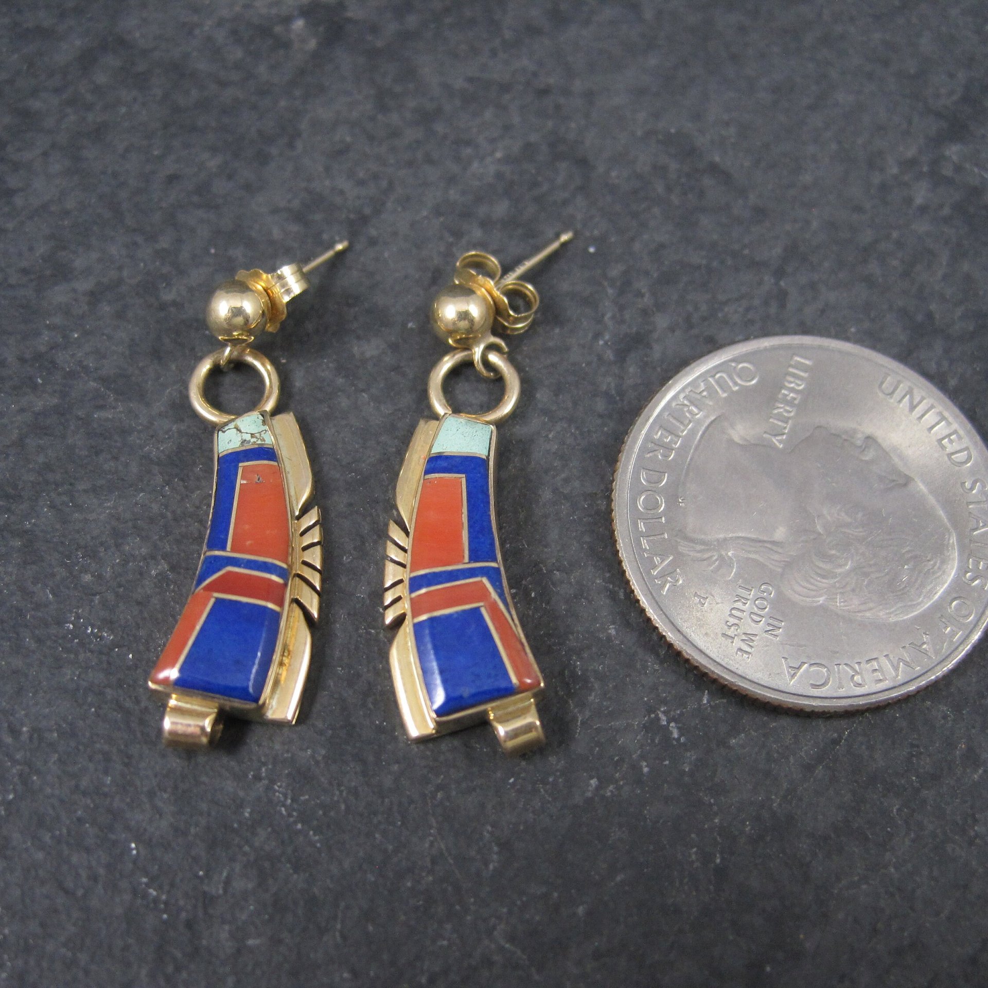 Vintage 14K Lapis Lazuli and Coral Inlay Earrings Native American Navajo