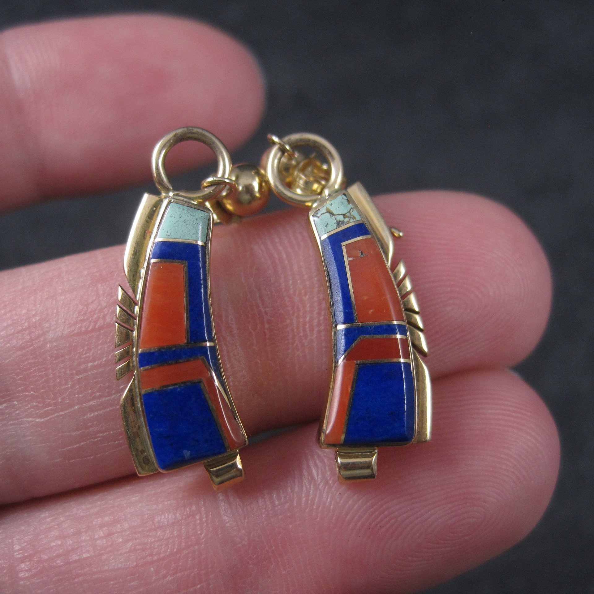 Vintage 14K Lapis Lazuli and Coral Inlay Earrings Native American Navajo