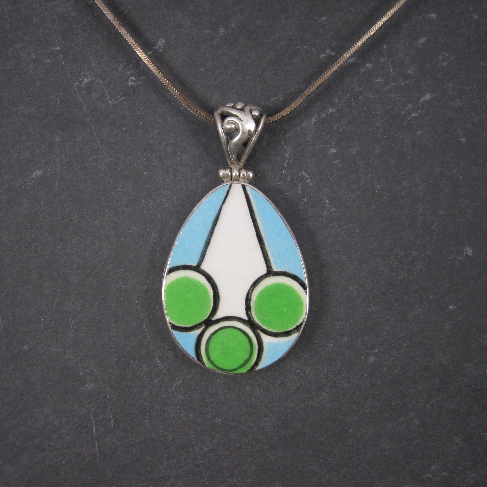 Vintage Sterling Blue Green Geometric Pottery Pendant Necklace