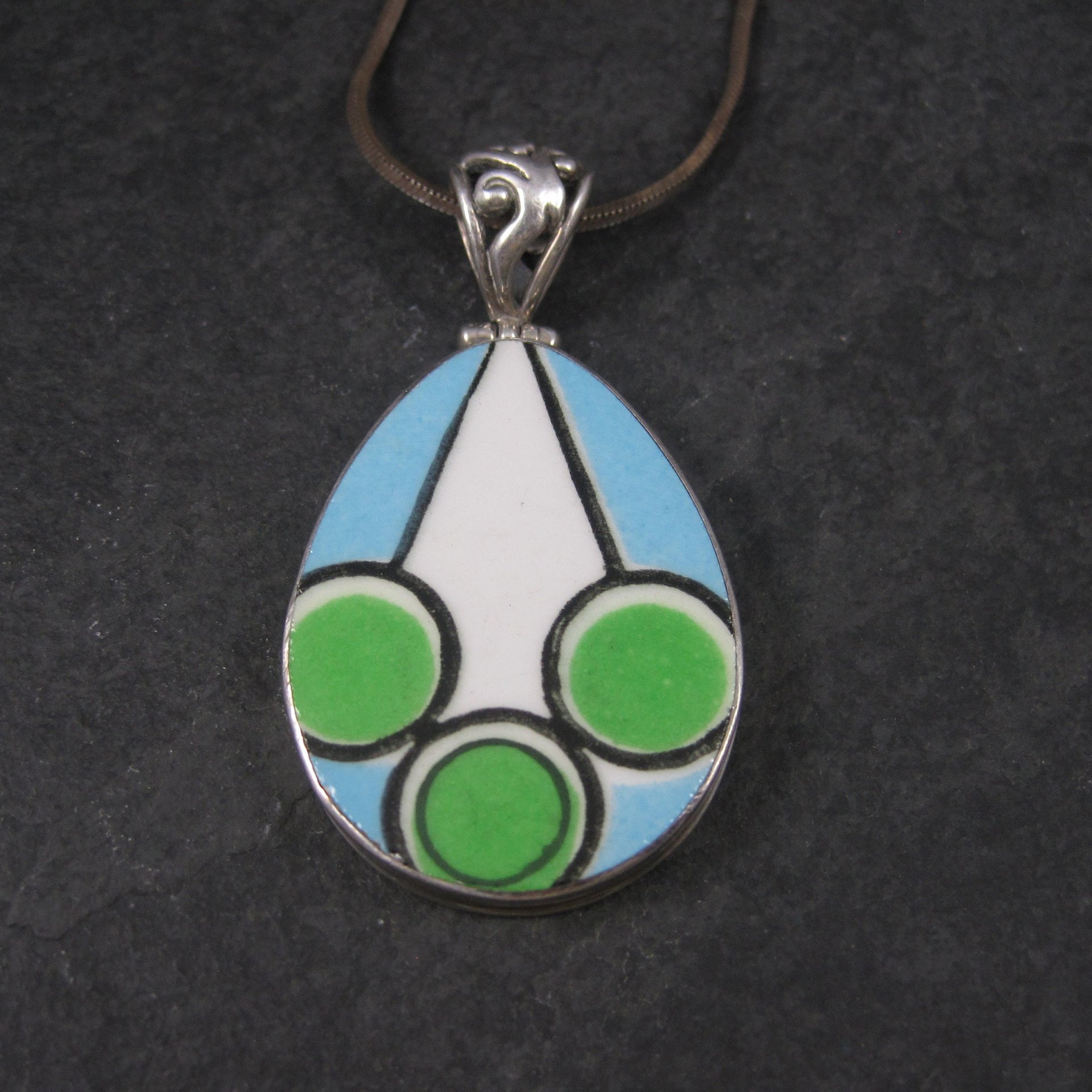 Vintage Sterling Blue Green Geometric Pottery Pendant Necklace