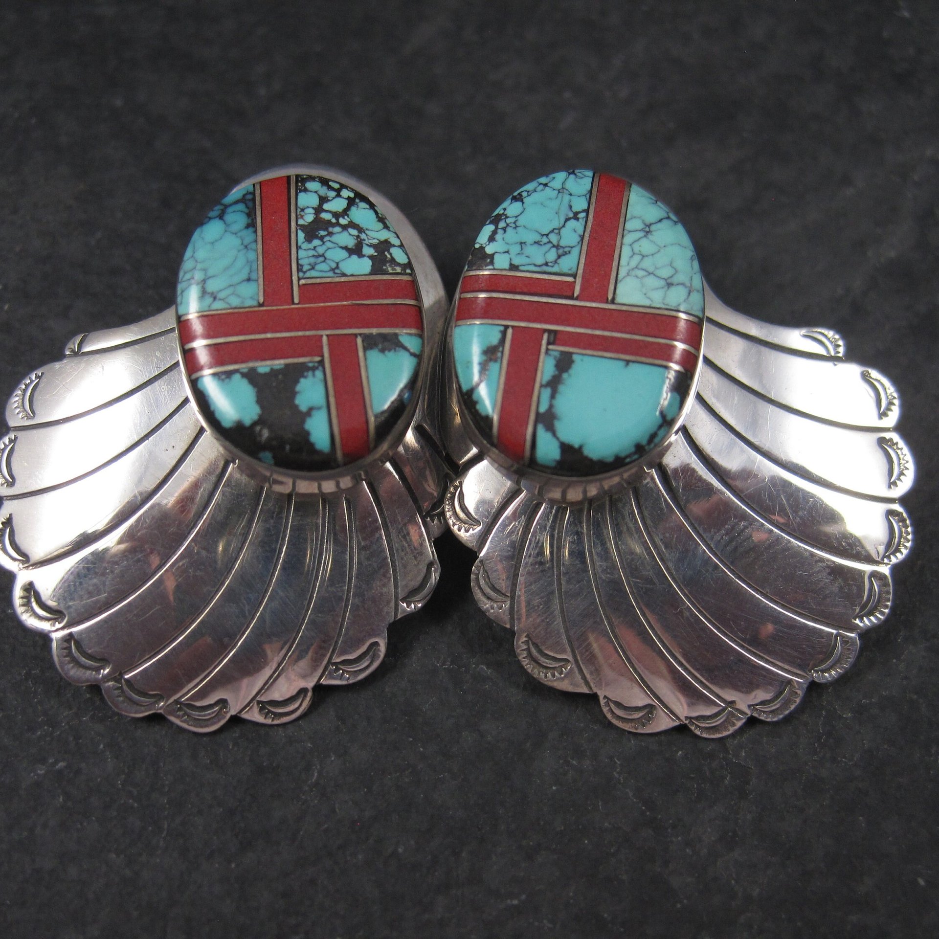 Large Vintage Sterling Navajo Turquoise Coral Inlay Earrings