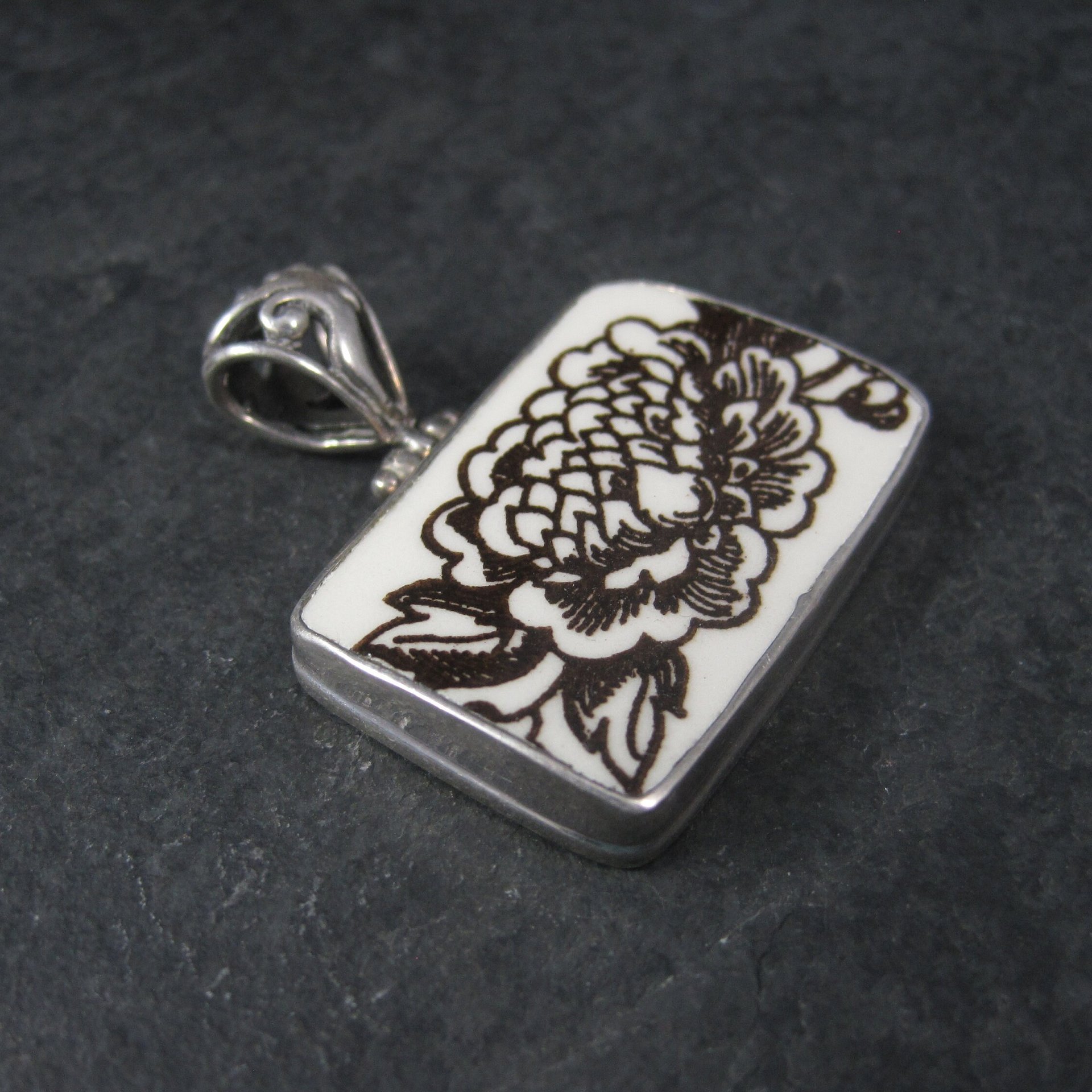 Vintage Sterling Floral Pottery Pendant Necklace