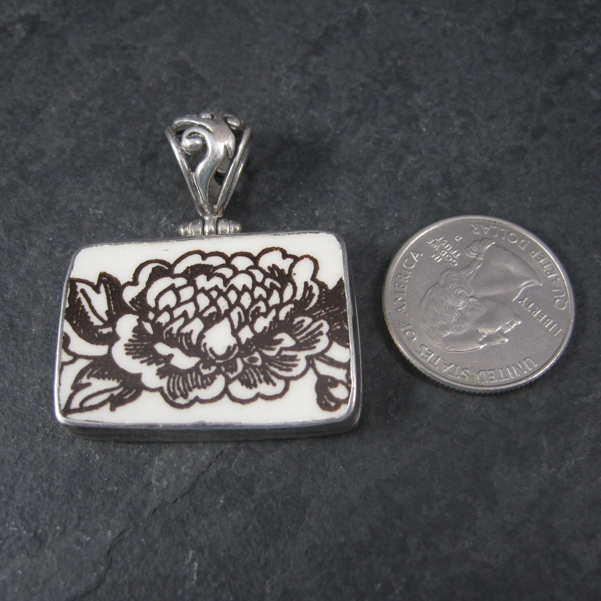 Vintage Sterling Floral Pottery Pendant Necklace