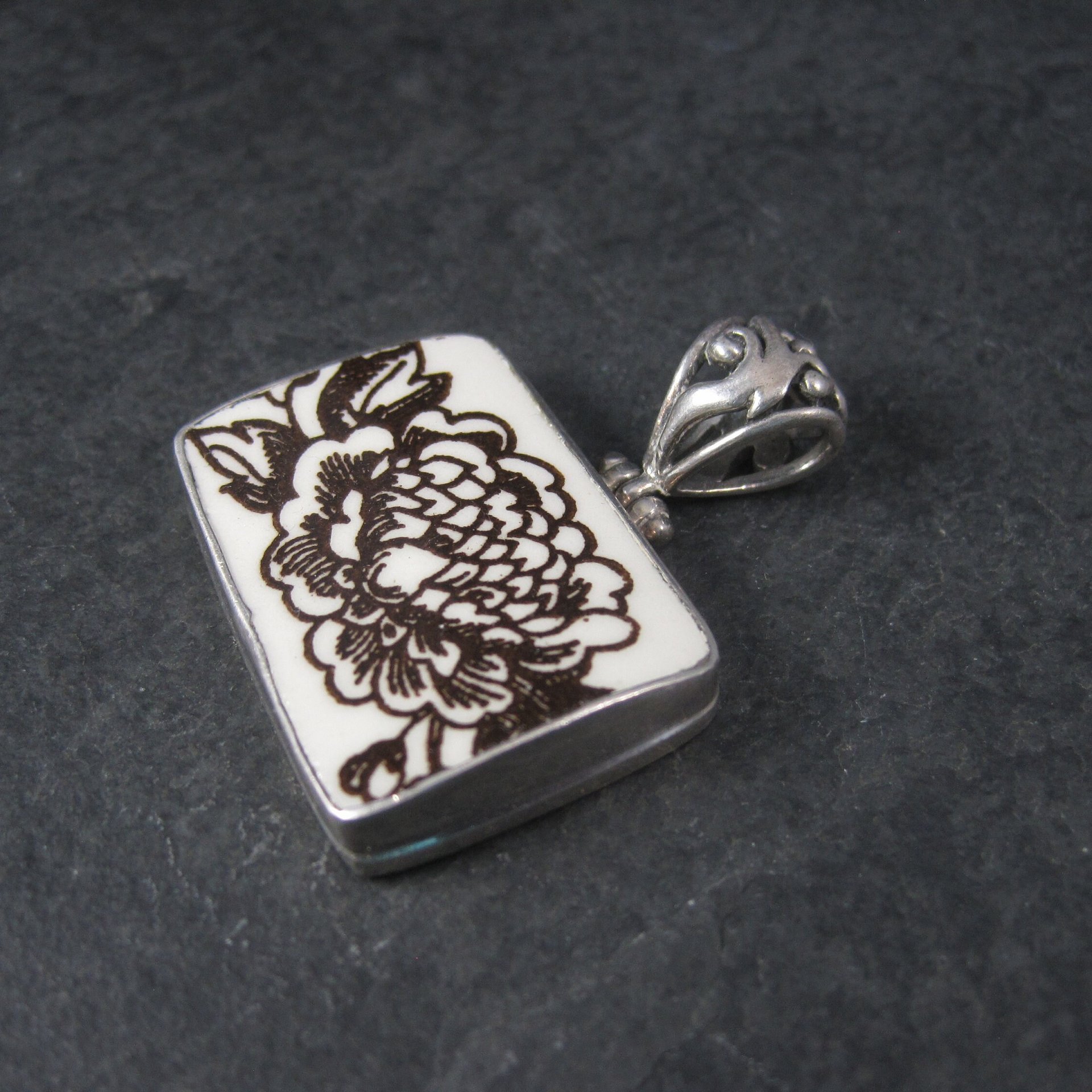 Vintage Sterling Floral Pottery Pendant Necklace