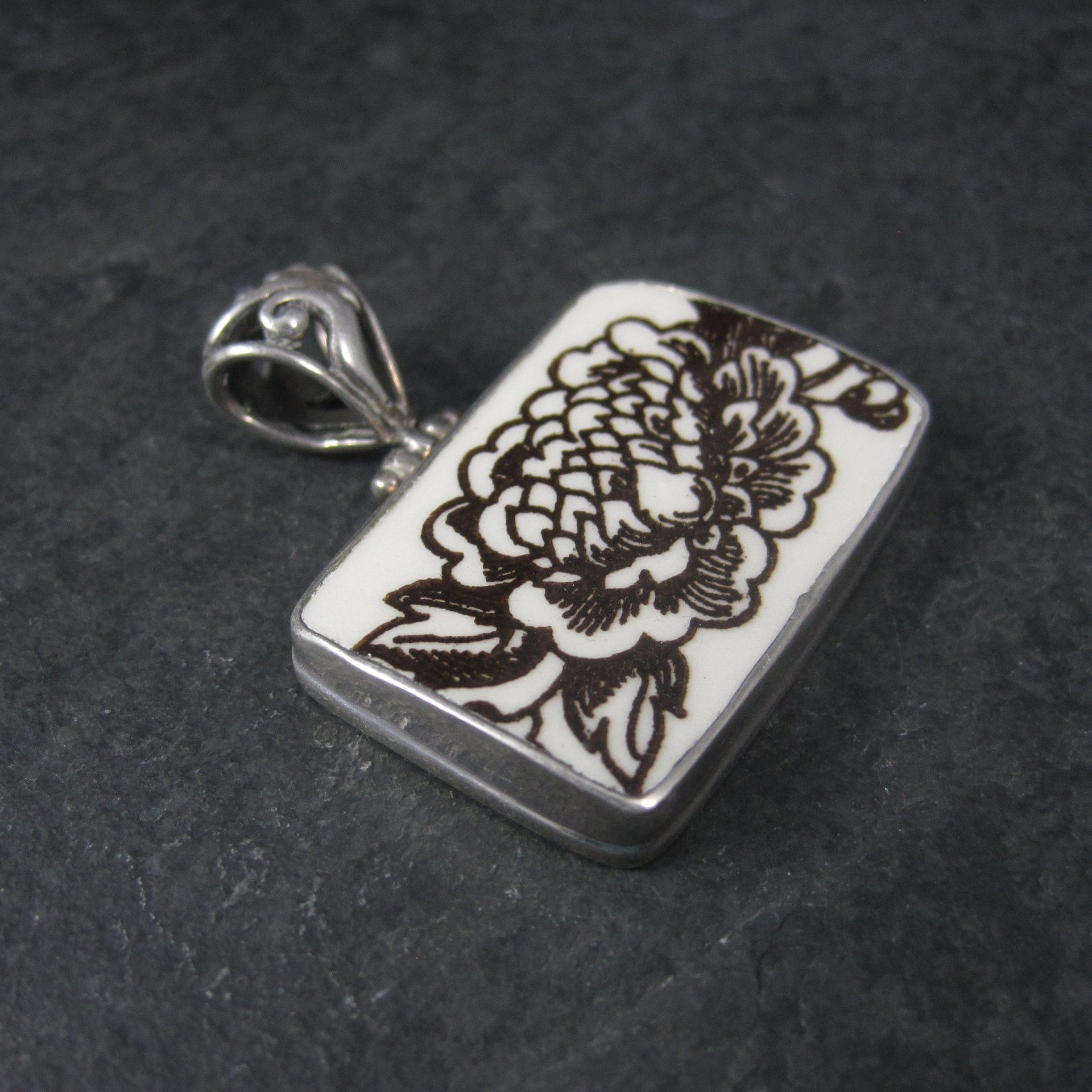 Vintage Sterling Floral Pottery Pendant Necklace