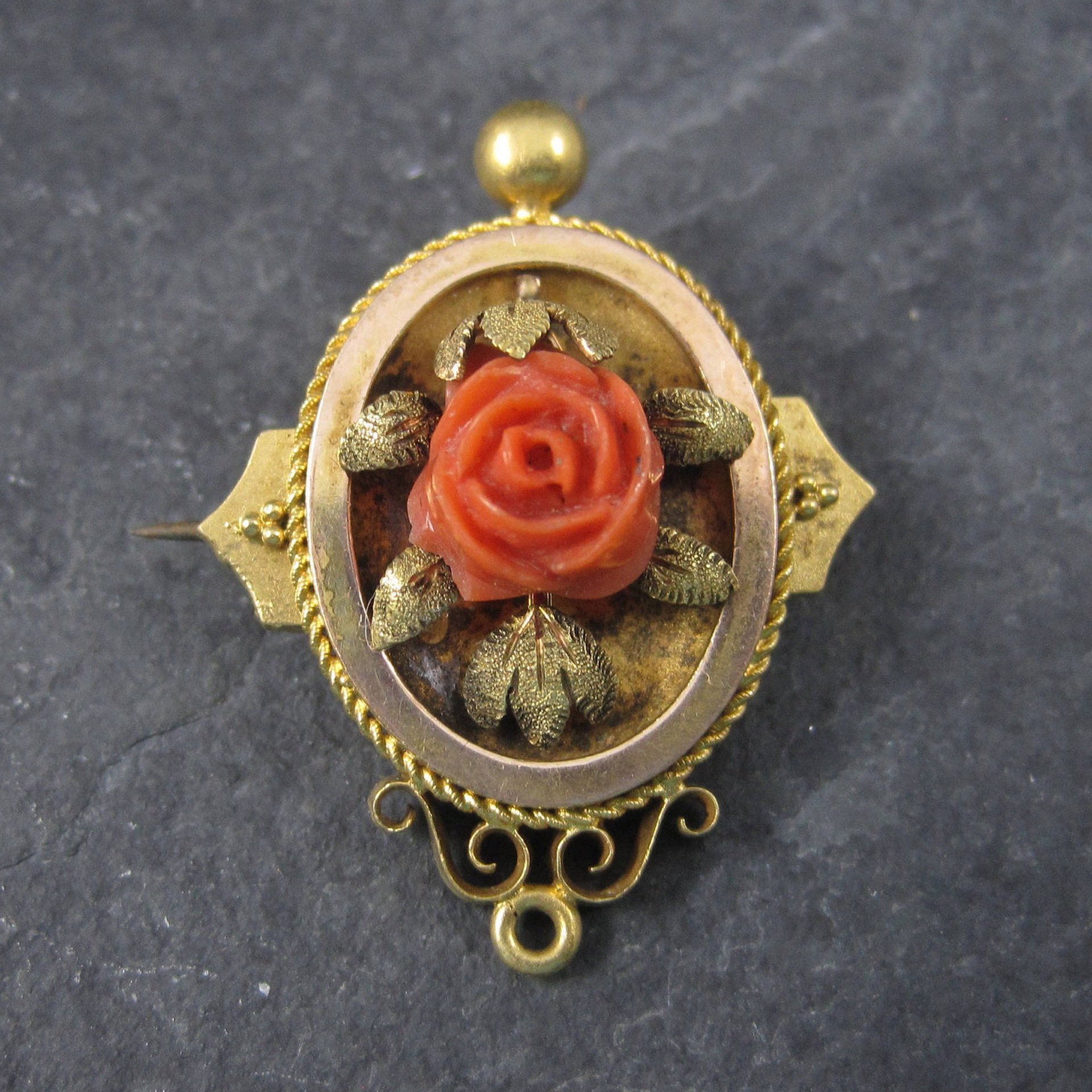 Antique Victorian 14K Coral Rose Brooch Pendant