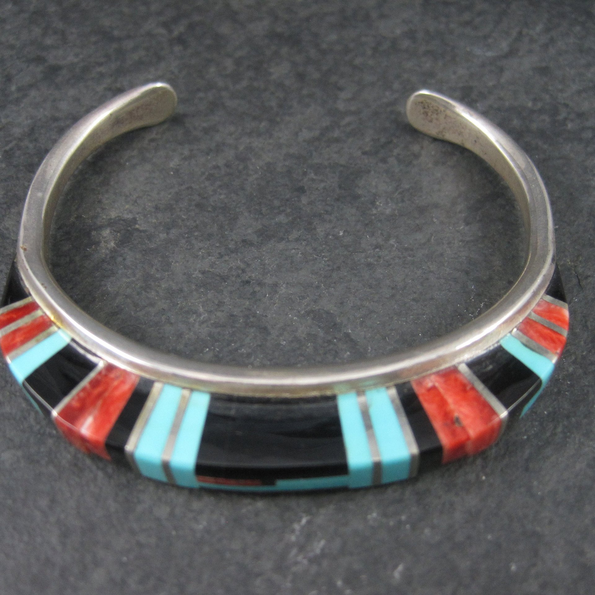 Estate Sterling Zuni Raised Inlay Turquoise Coral Onyx Cuff Bracelet 6 Inches