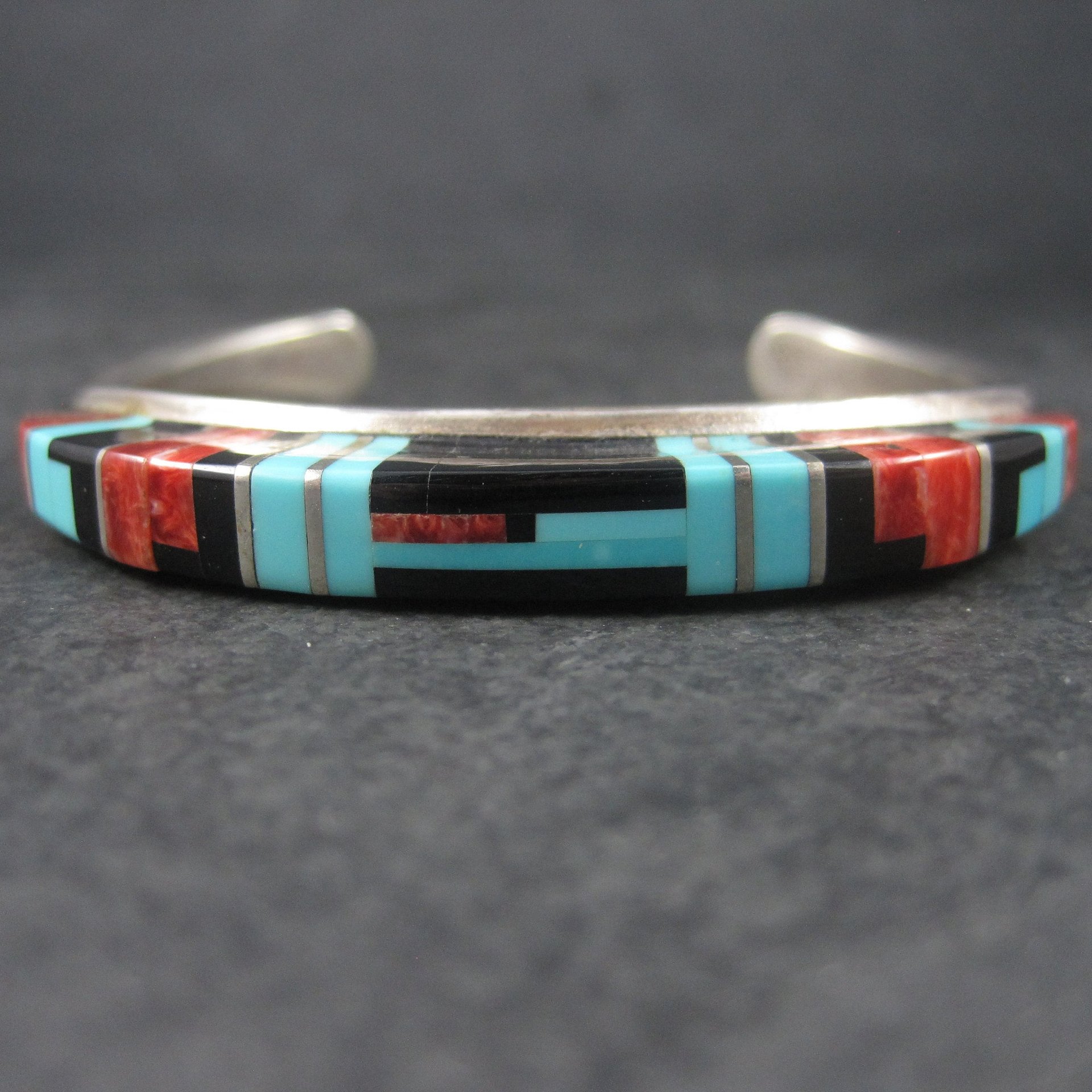 Estate Sterling Zuni Raised Inlay Turquoise Coral Onyx Cuff Bracelet 6 Inches