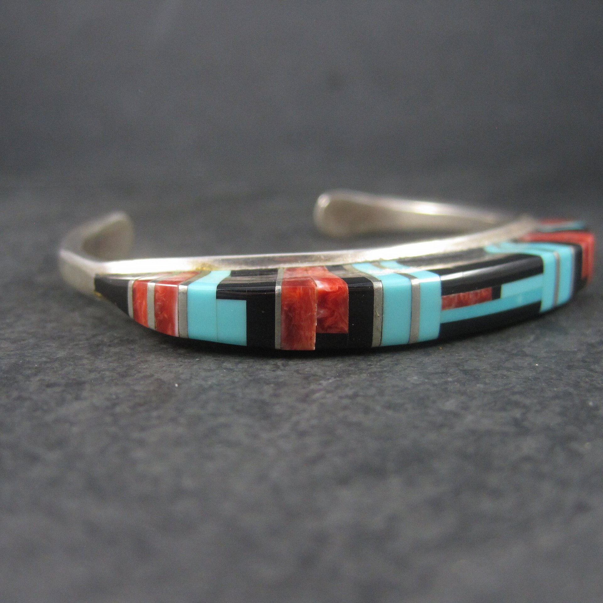 Estate Sterling Zuni Raised Inlay Turquoise Coral Onyx Cuff Bracelet 6 Inches