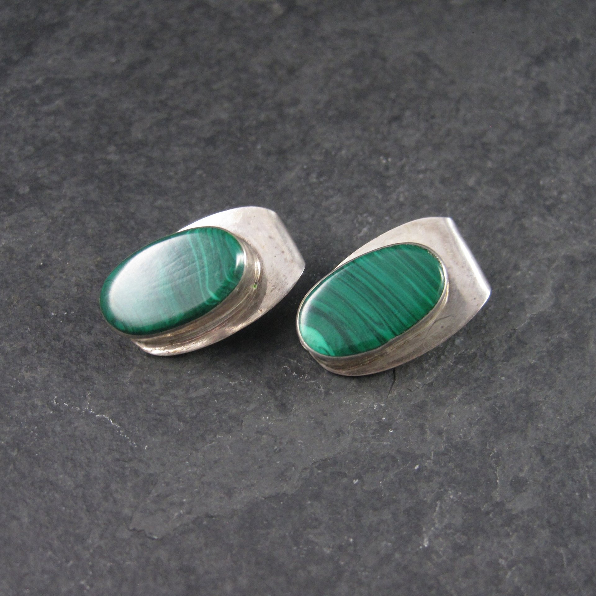 Vintage Mexican Sterling Malachite Clip On Earrings