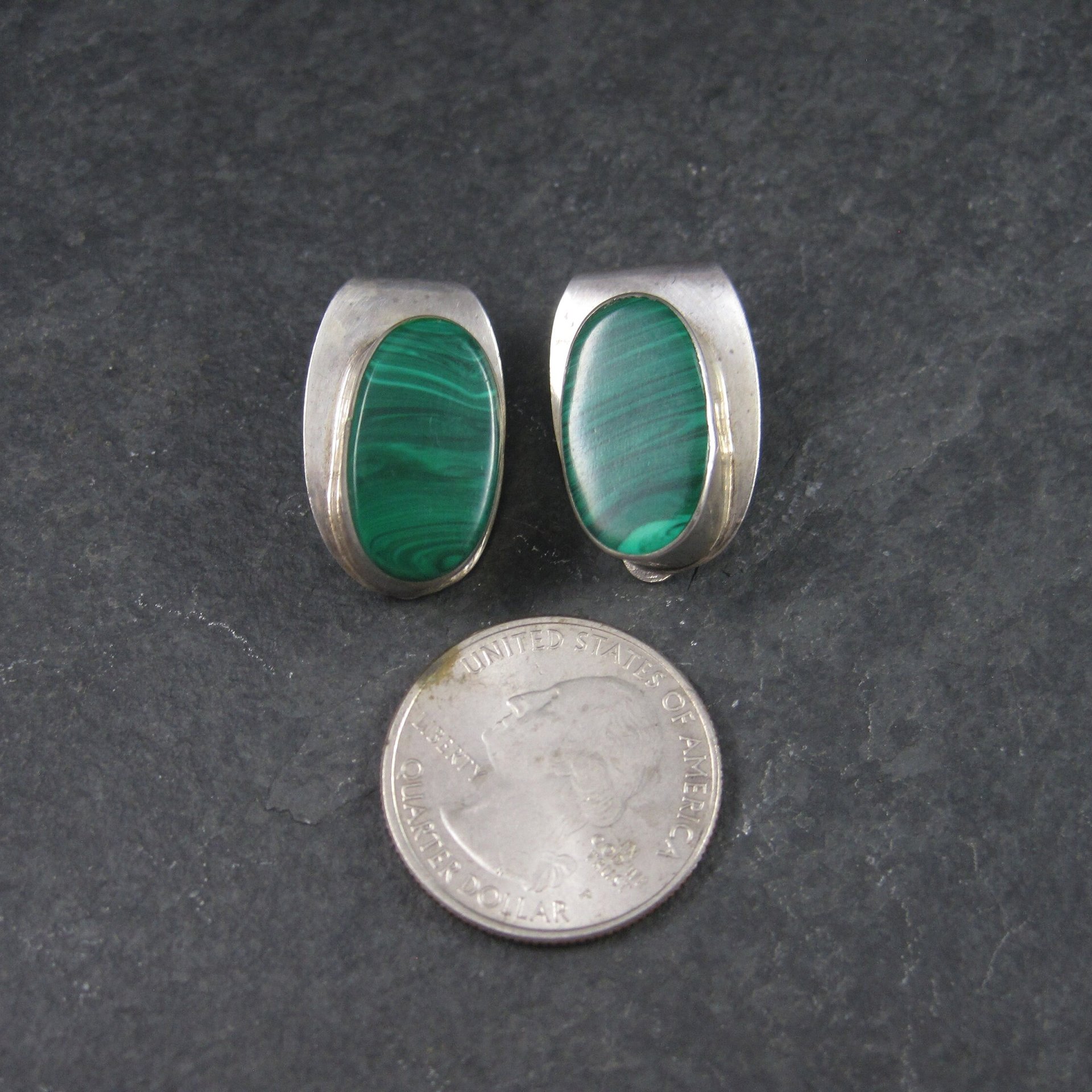 Vintage Mexican Sterling Malachite Clip On Earrings