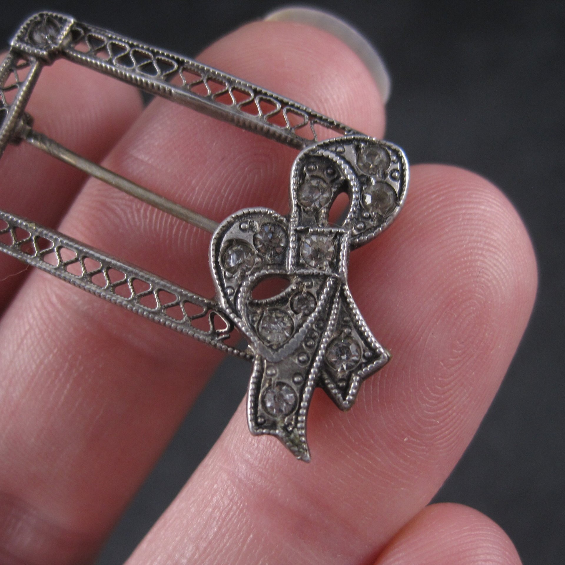 Antique Sterling Paste Diamond Bow Brooch